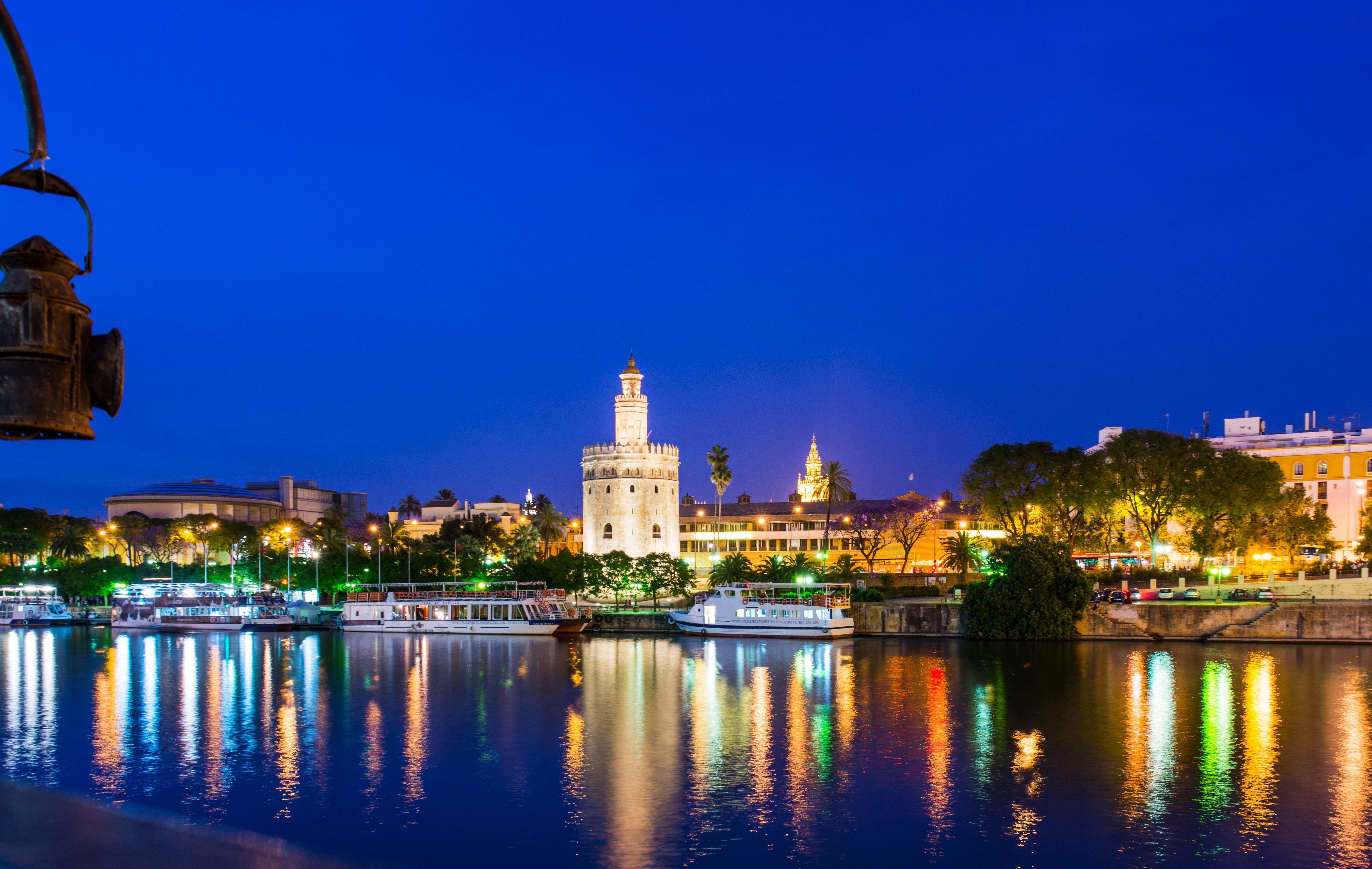 5500x3480 Image Spain Seville Night Rivers Cities Houses, Desktop