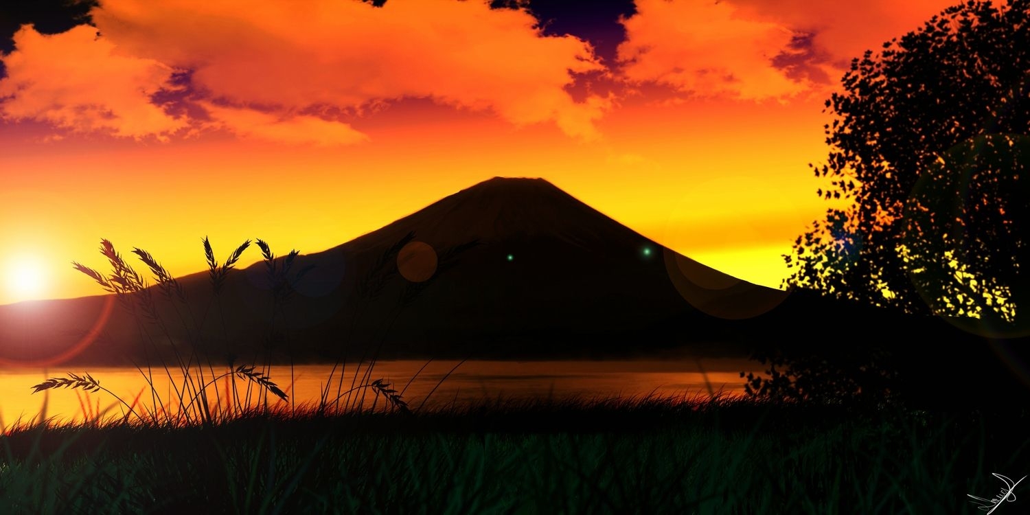 1500x750 clouds grass landscape orange scan scenic signed silhouette sky sunset tree water. konachan.net.com Anime Wallpaper, Dual Screen