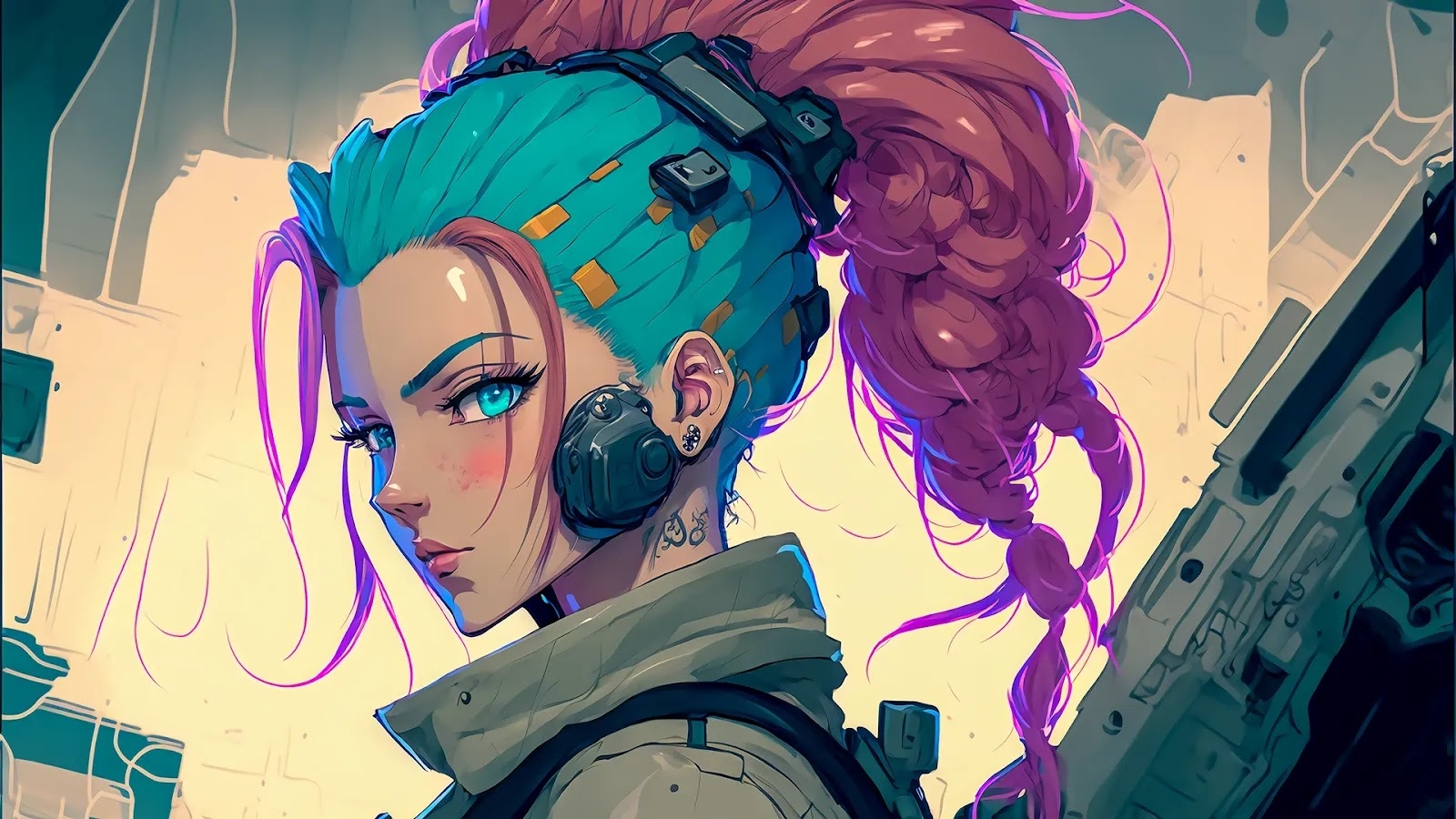 1600x900 Futuristic rebellion: Anime girl cyberpunk wallpaper for your PC, Desktop