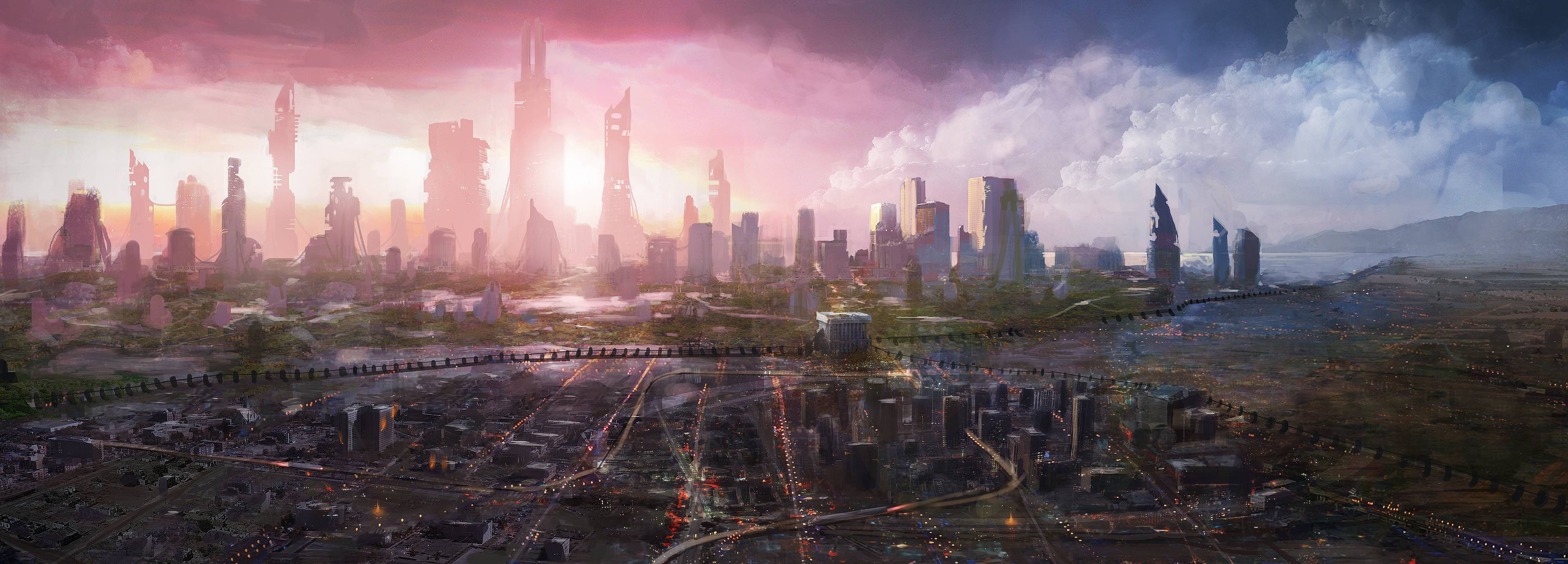 4000x1440 Download Futuristic City Wallpaper, Dual Screen