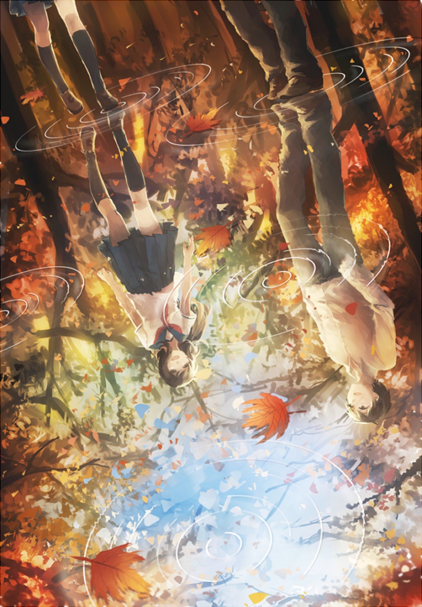 1440x2070 Leaves water rain couple anime girl guy autumn wallpaperx2069, Phone