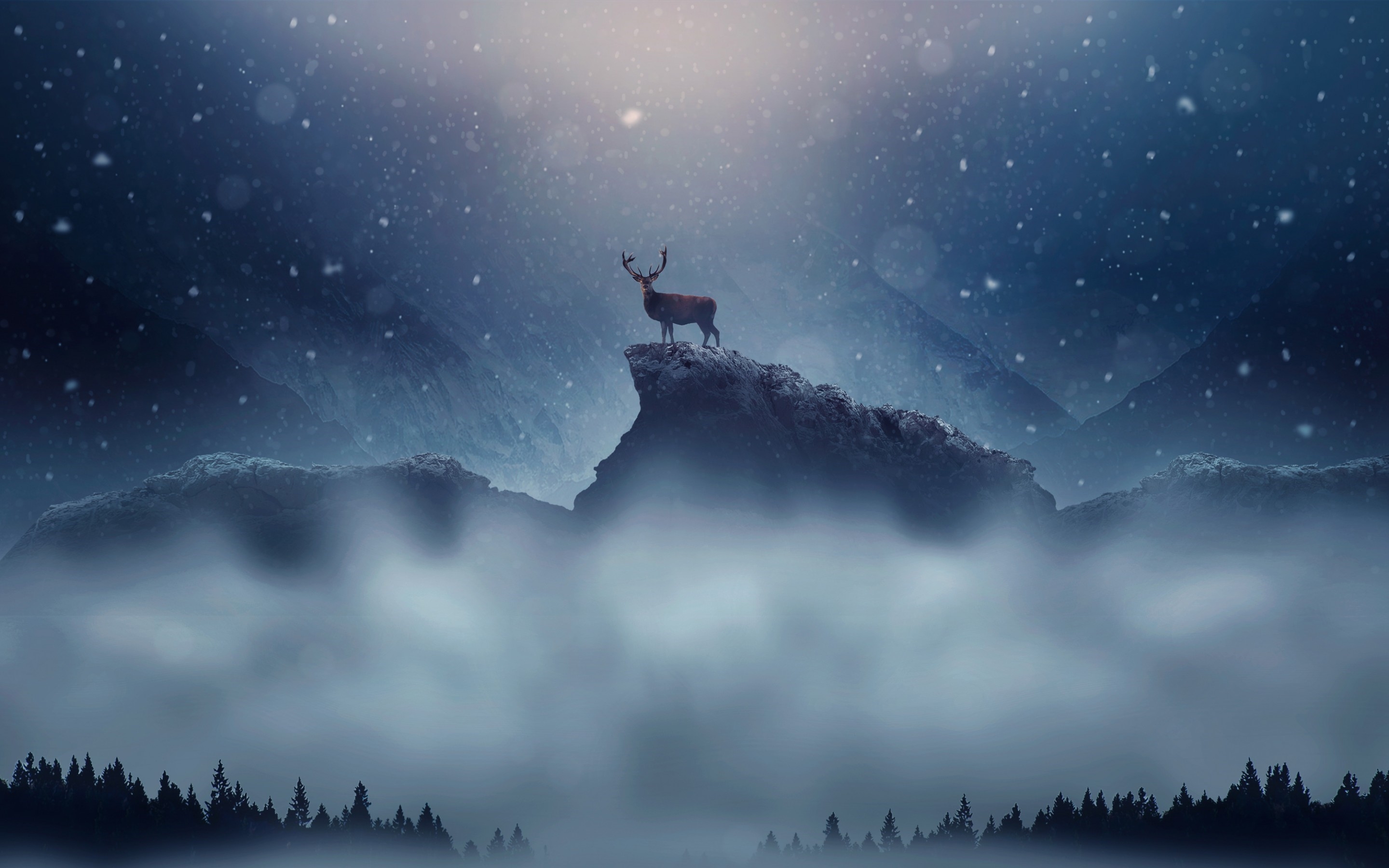 2880x1800 nature, landscape, winter, snow, deer, trees, rocks, mountains, mist, night Gallery HD Wallpaper, Desktop