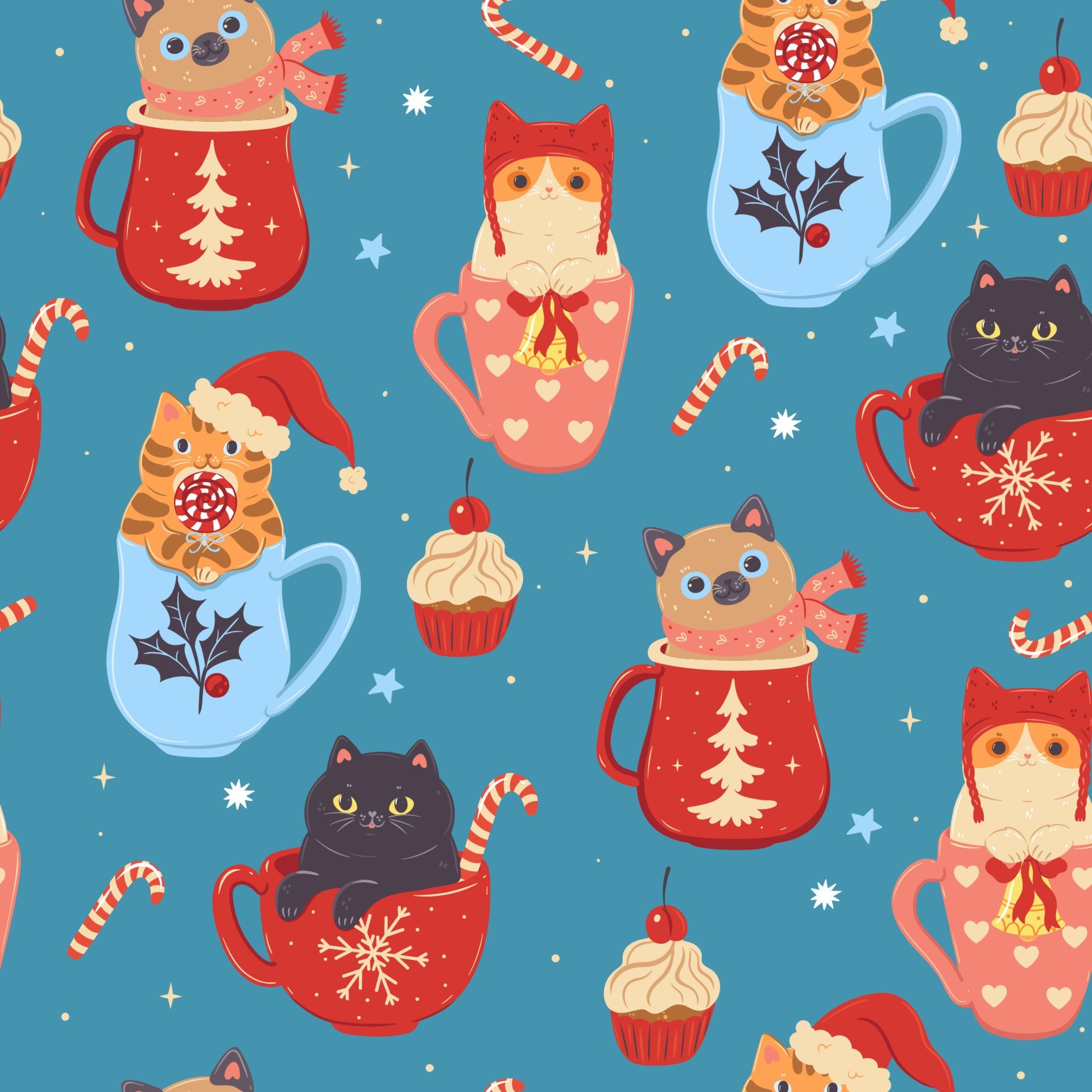 1920x1920 Seamless pattern with Christmas cats in mugs. Vector graphics, Phone