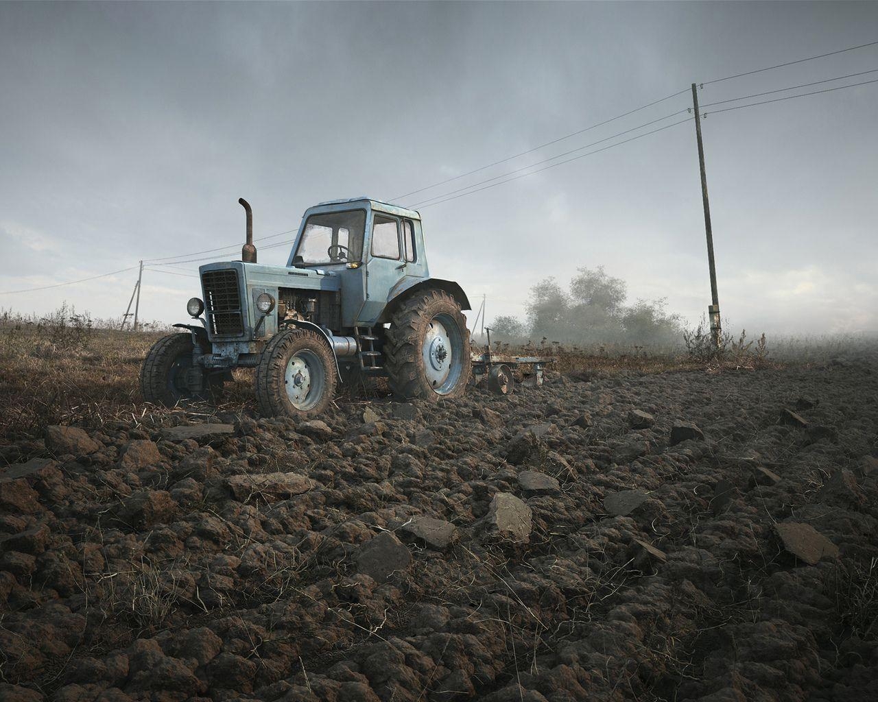 1280x1030 Download wallpaper field, belarus, tractor, the sky, 3D, Desktop