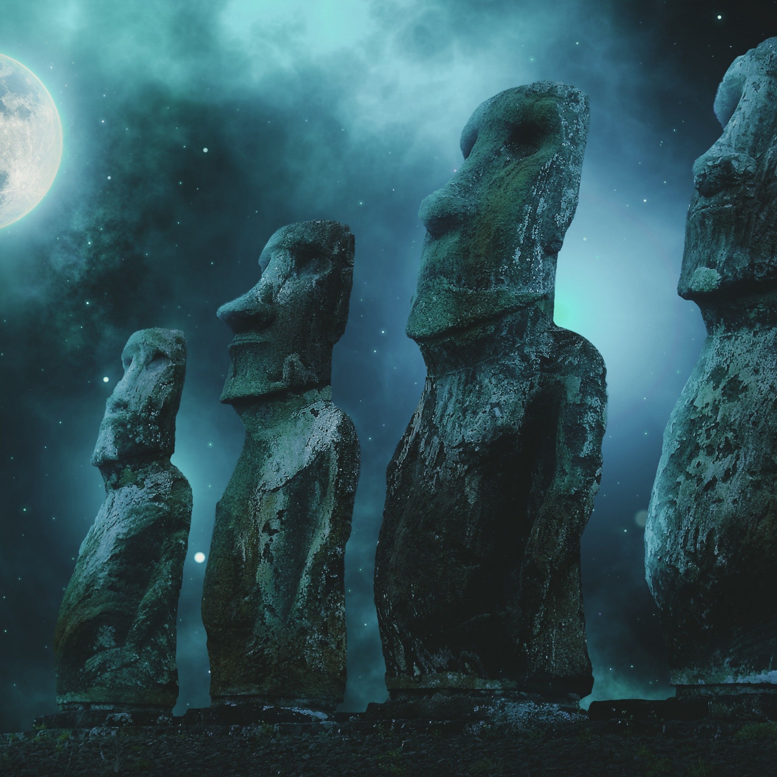 2560x2560 Moai statues 4K Wallpaper, Easter Island, Full moon, Stars, Night sky, 5K, 8K, World, Phone