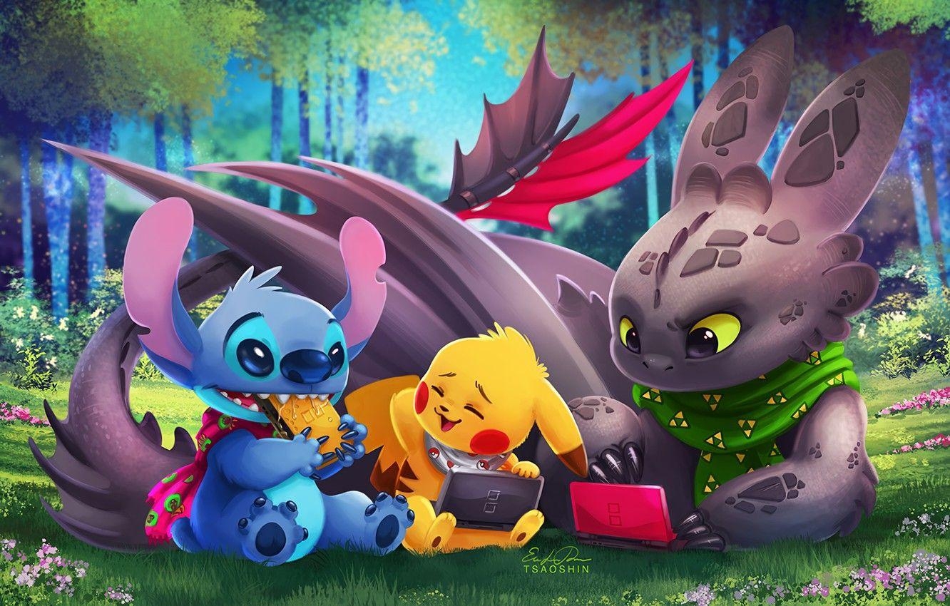 1340x850 Wallpaper Pokemon, Toothless, Pikachu, Crossover, Lilo & Stitch, Desktop