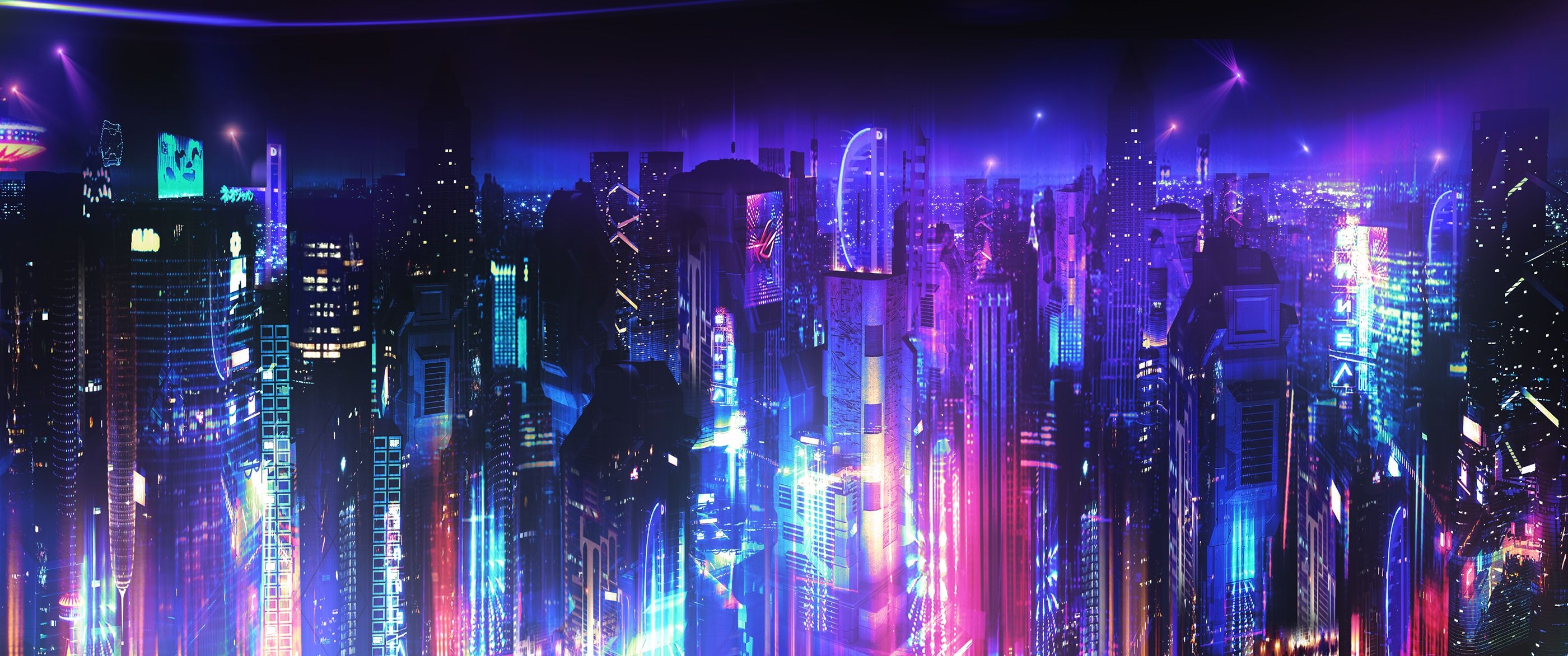 2800x1180 ASUS ROG Swift PG348Q Curved IPS Monitor With G SYNC. Futuristic City, Cool Background Wallpaper, Cyberpunk City, Dual Screen