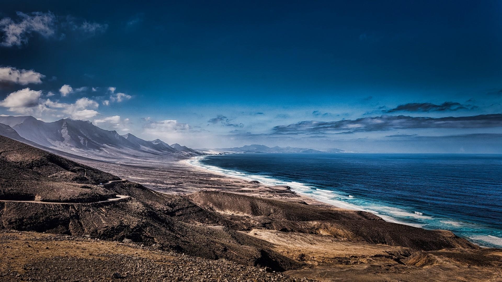 1920x1080 nature, Landscape, Beach, Sea, Mountain, Clouds, Dirt Road, Canary, Desktop