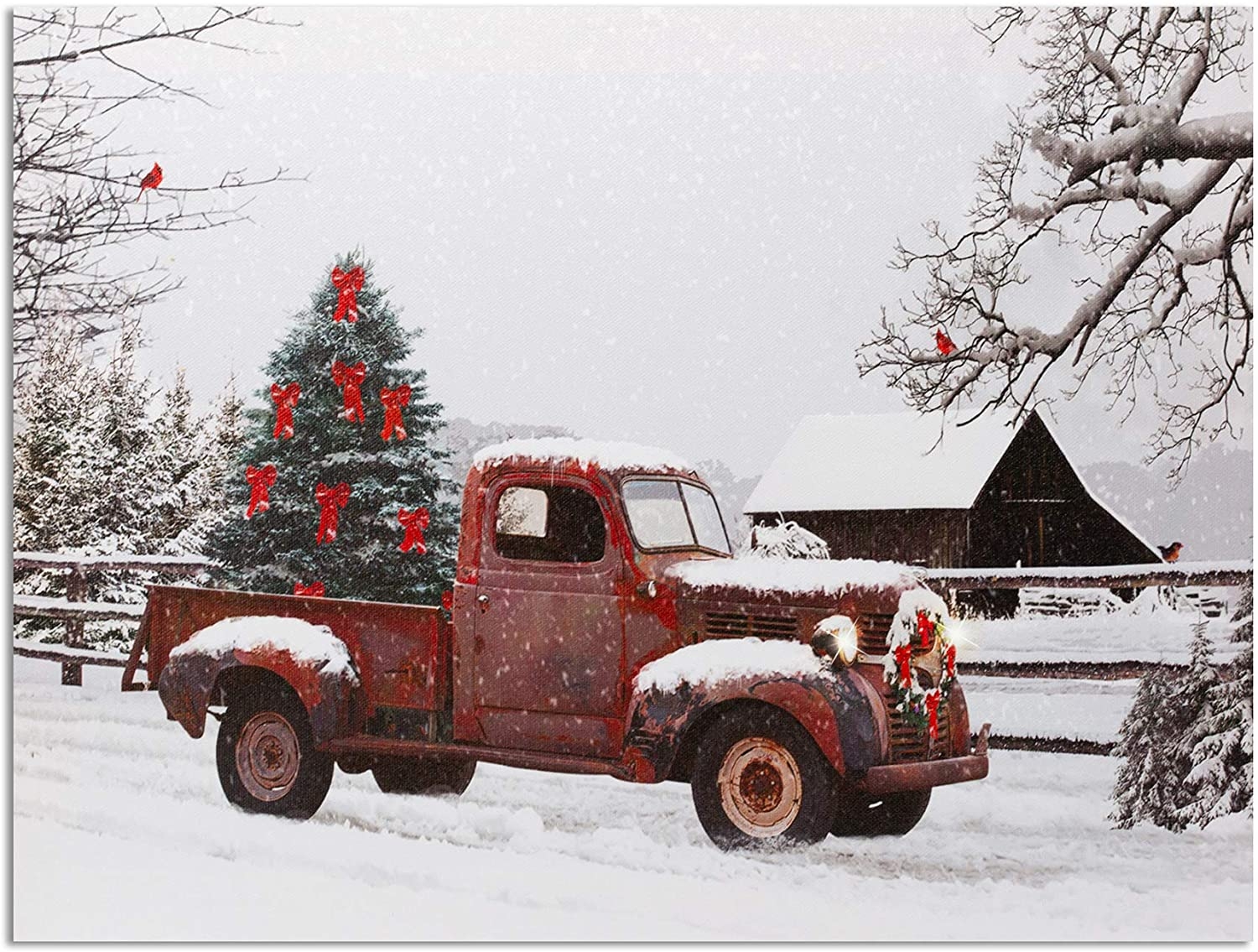 1500x1140 Lighted Vintage Red Truck Canvas Wall Art Picture With Christmas Tree And Old Fashioned Red Pick Up Truck Winter Scene And Farmstead Setting: Posters & Prints, Desktop