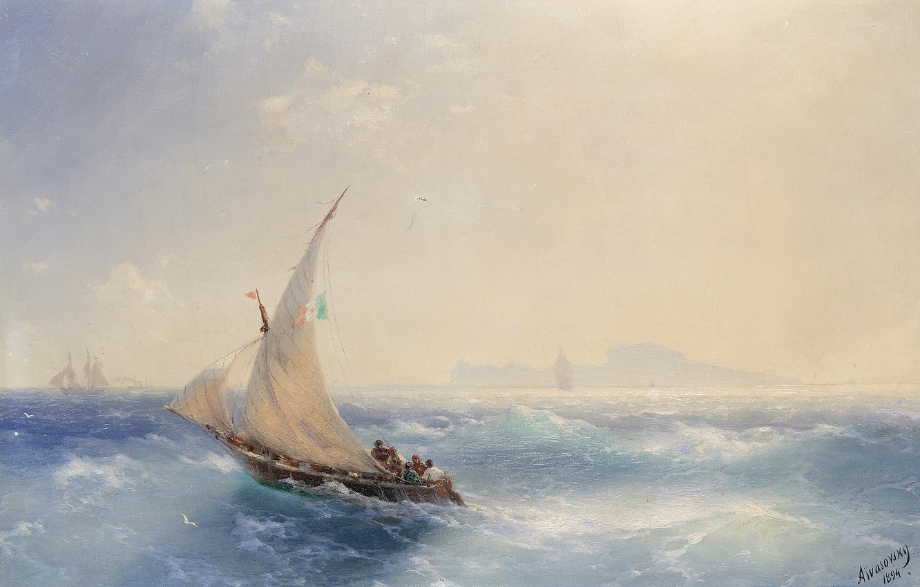 1340x850 Wallpaper boat, picture, sail, seascape, Ivan Aivazovsky, Departure from Ischia image for desktop, section живопись, Desktop