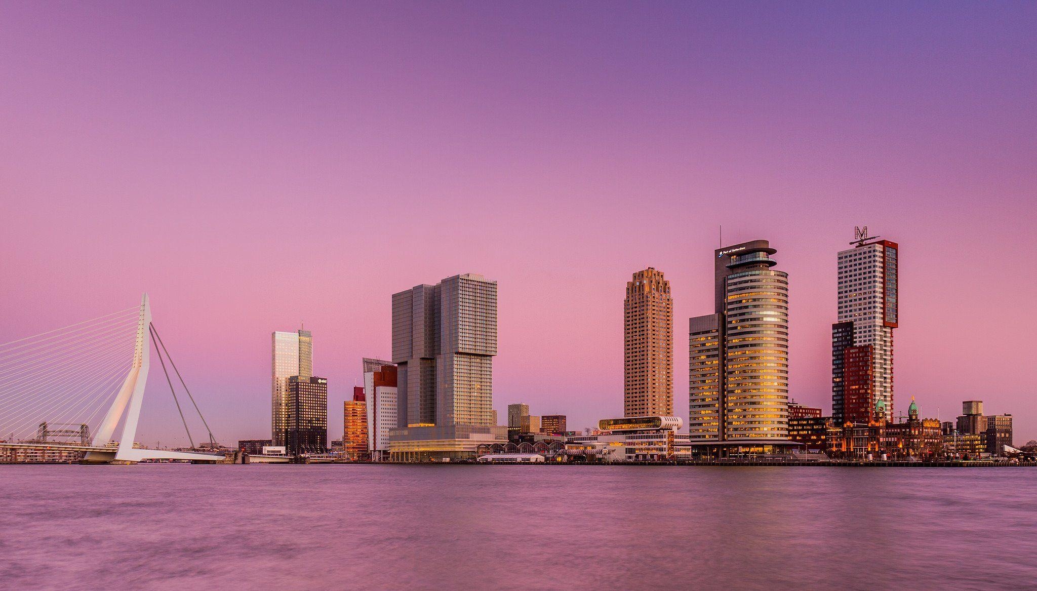 2050x1170 the netherlands rotterdam town skyscraper bridge river pink sky HD, Desktop