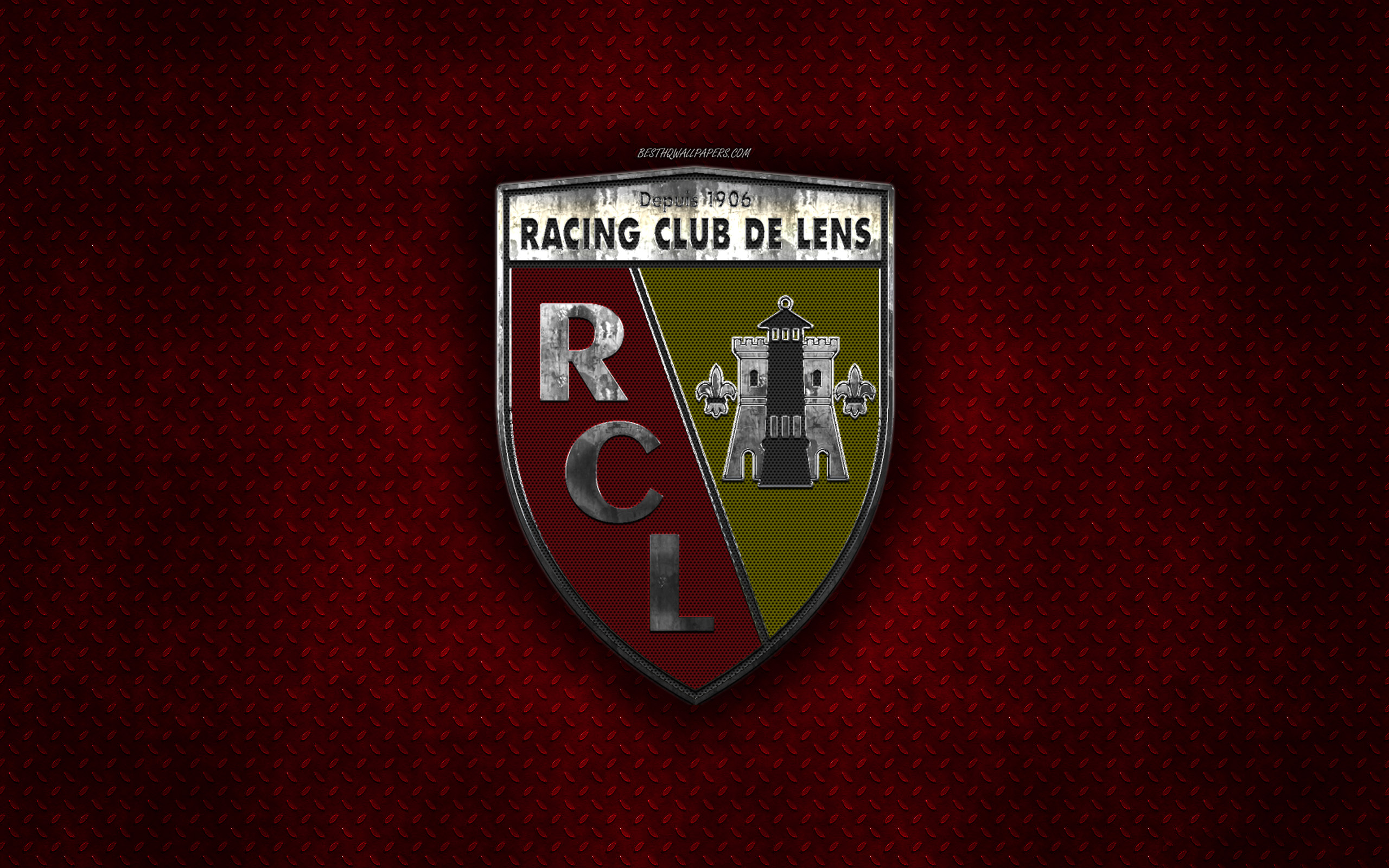 2560x1600 Download wallpaper RC Lens, French football club, red metal texture, metal logo, emblem, Lens, France, Ligue creative art, football for desktop with resolution. High Quality HD picture wallpaper, Desktop