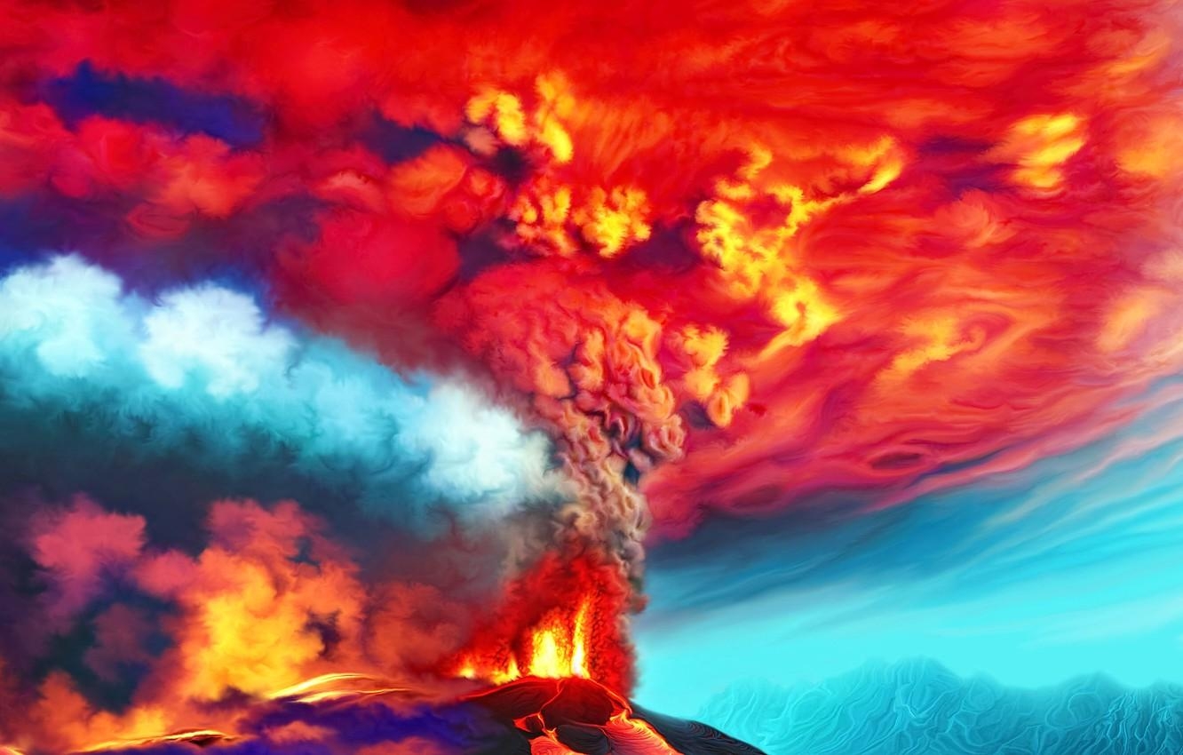 1340x850 Wallpaper nature, the volcano, art, the eruption, lava, Nina Vels, Desktop