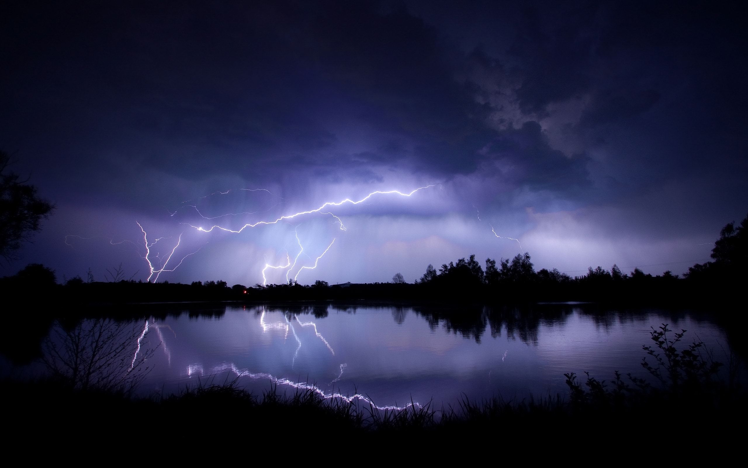 2560x1600 Landscapes nature trees forest lakes reflection lightning rain storm night water contrast bright light scenic wallpaperx1600, Desktop