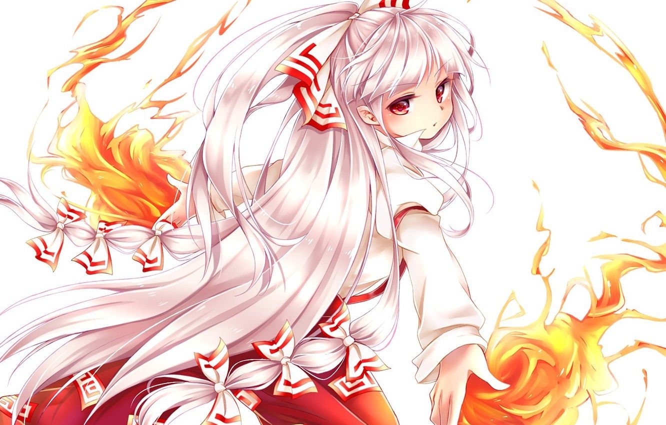 1340x850 Wallpaper fire, flame, girl, anime, red eyes, pretty, Touhou, Desktop