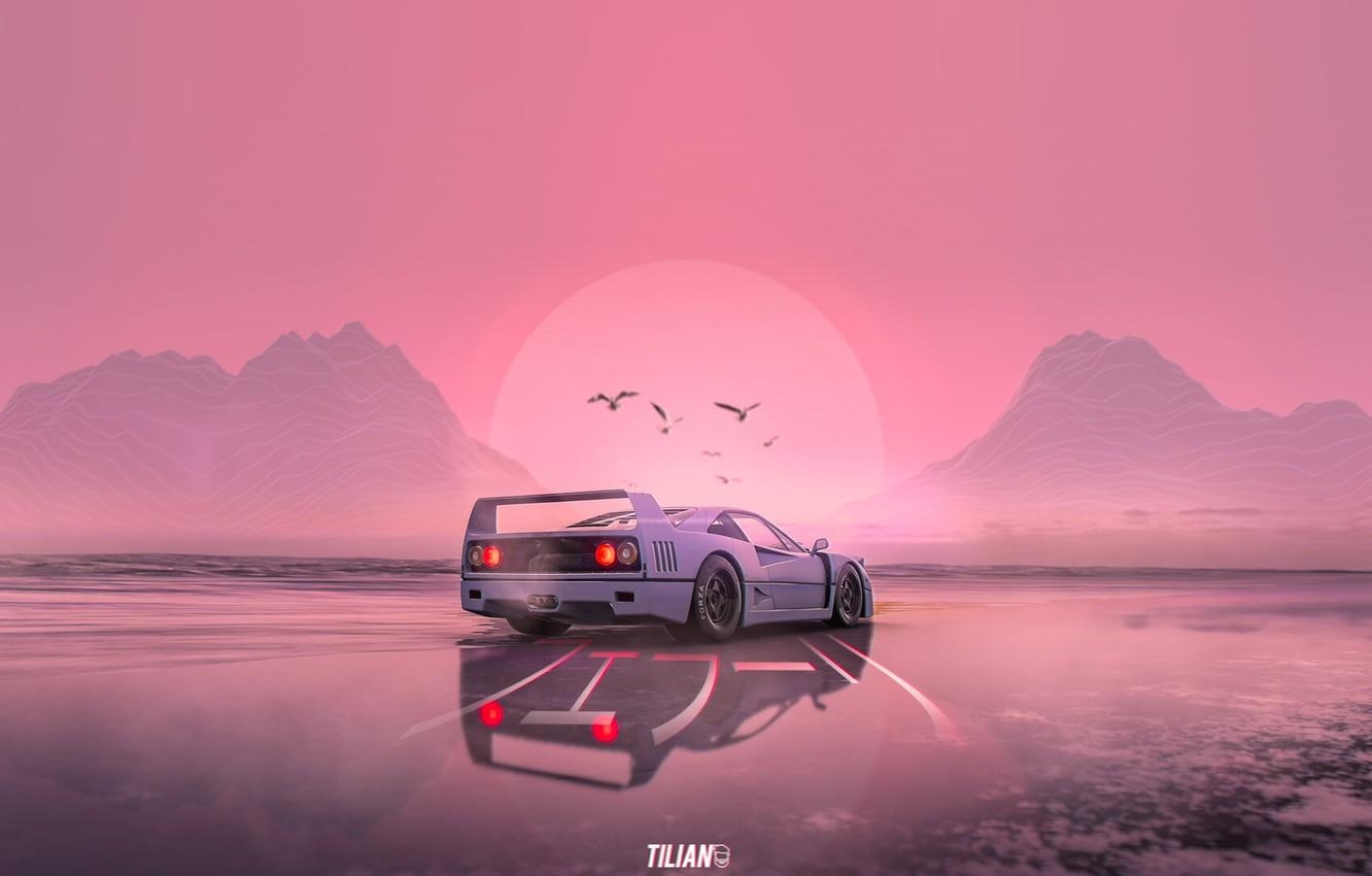 1340x850 Wallpaper Sunset, The sun, Music, White, Style, Background, Ferrari, F 80s, Style, Supercar, Neon, Illustration, Sports car, 80's, Synth image for desktop, section рендеринг, Desktop