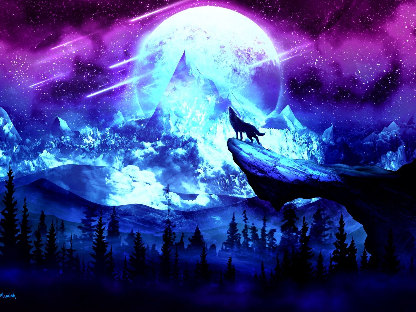 1400x1050 Download wallpaper  wolf, moon, night, mountains, art standard 4:3 HD background, Desktop