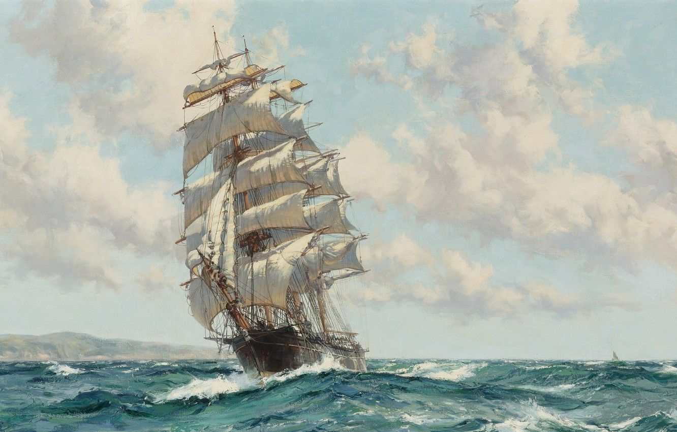 1340x850 Wallpaper sea, wave, frigate, oil painting, sailing ship image, Desktop