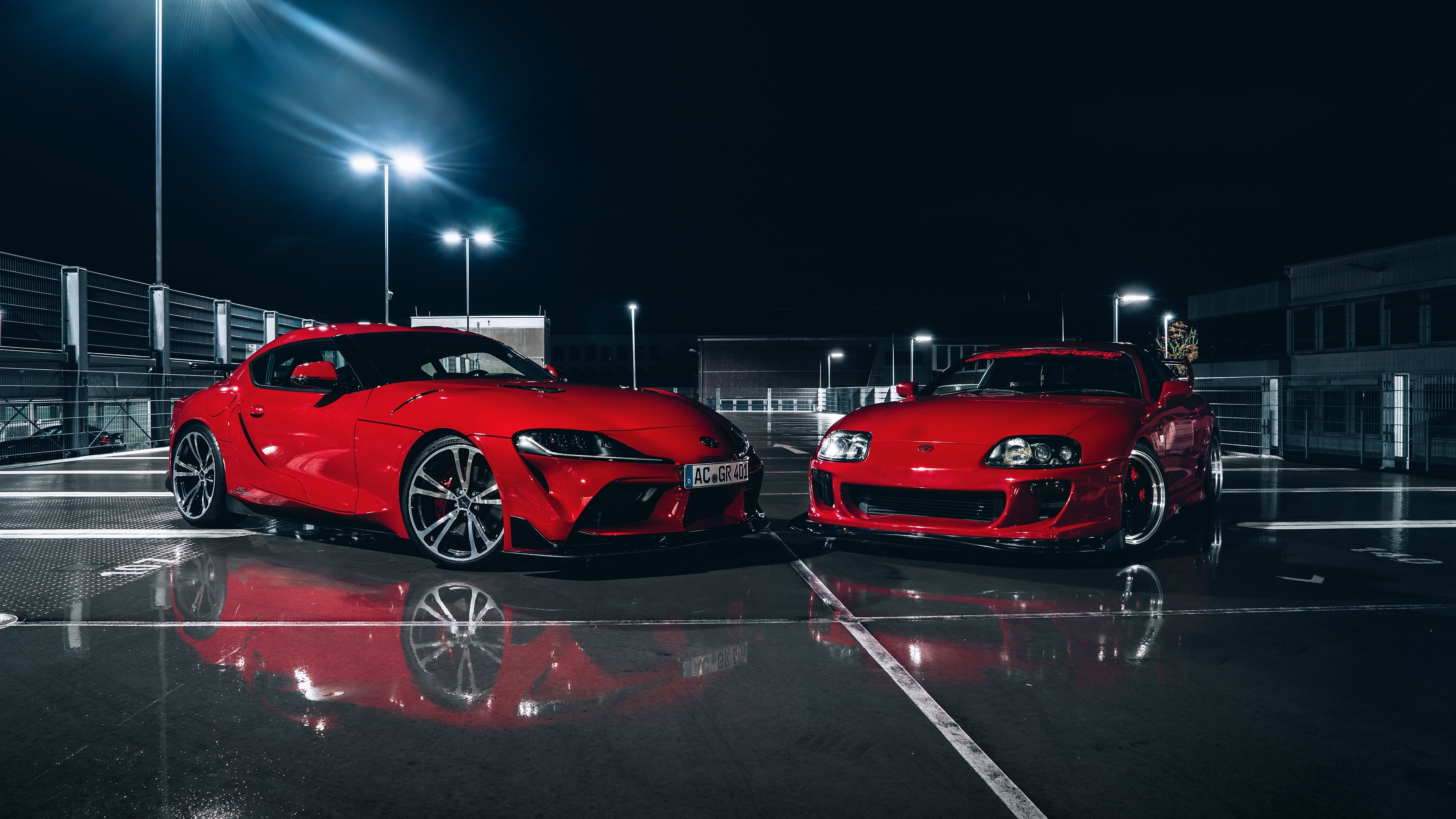 3840x2160 Wallpaper / Toyota Supra, vehicle, car, night, street, street light, reflection, parking lot free download, Desktop