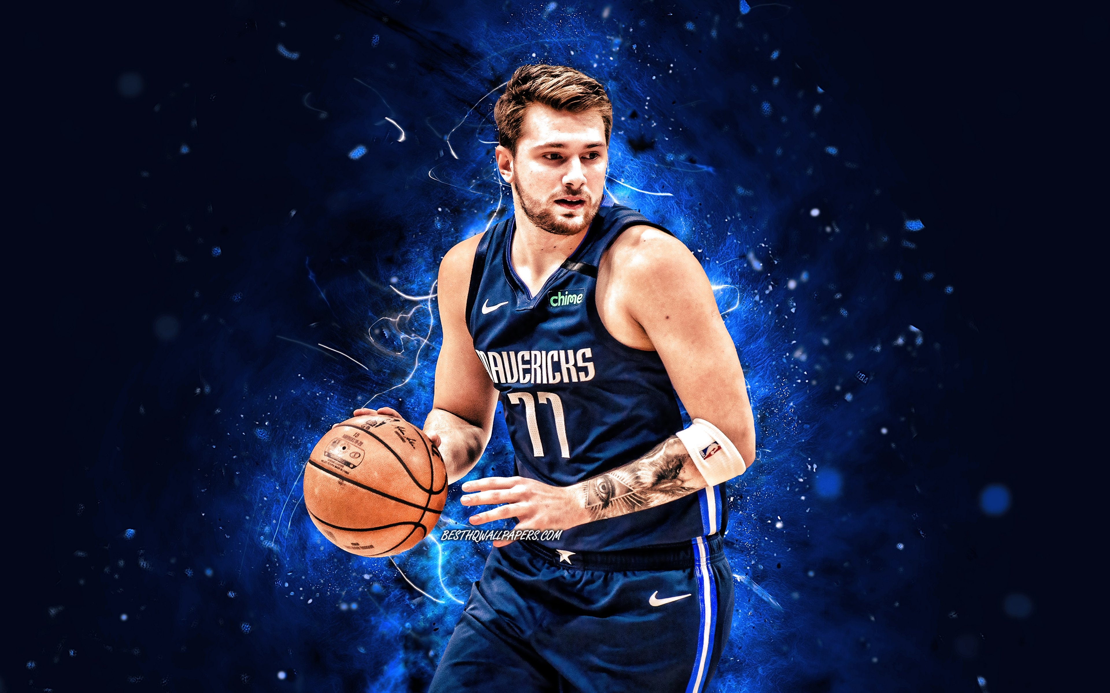 3840x2400 Download wallpaper Luka Doncic, 4k, Dallas Mavericks, NBA, basketball, USA, Luka Doncic Dallas Mavericks, blue neon lights, Luka Doncic 4K for desktop with resolution. High Quality HD picture wallpaper, Desktop