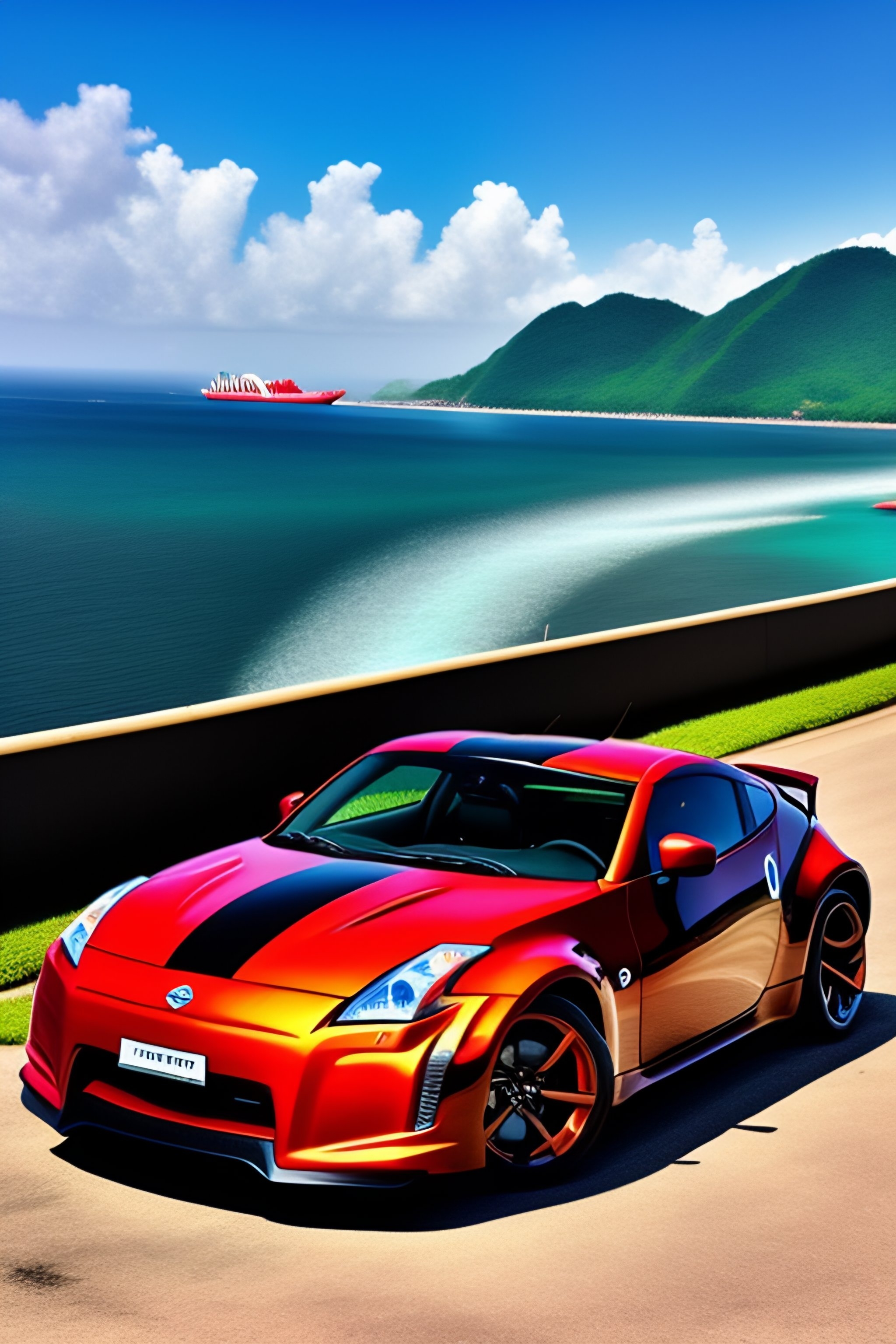 2050x3080 Red nissan 350z, panama canal on background, Phone