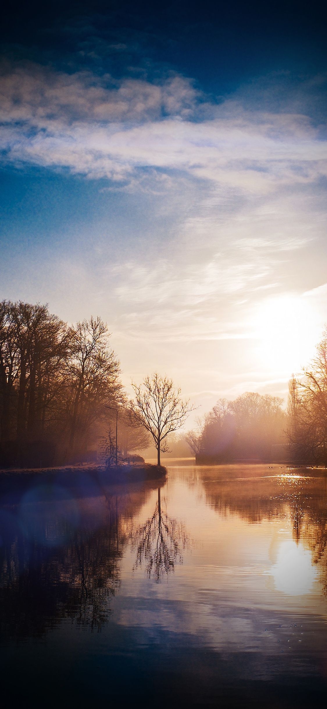 1130x2440 Lake Calm Tree Mountain Sunny Day Nature Vignette Wallpaper, Phone