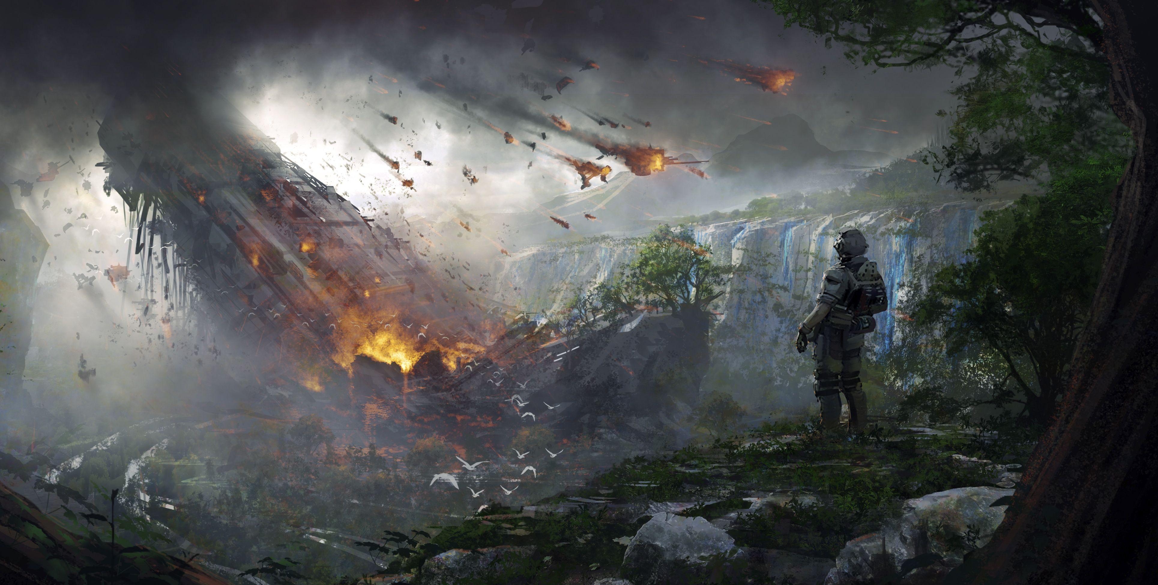 3860x1960 Wallpaper Titanfall Soldier, Destruction, Concept art, 4K, Desktop