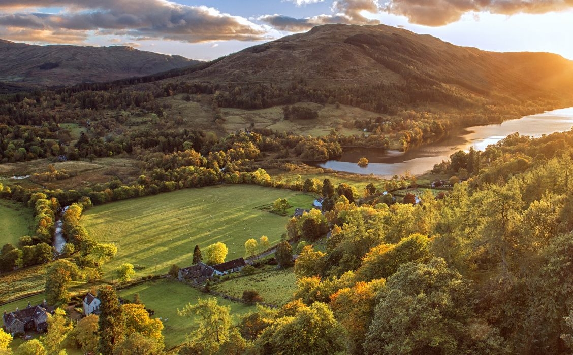 1130x700 Scotland Scenery Fields Trees Clouds Tuirc Nature autumn wallpaperx1800, Desktop