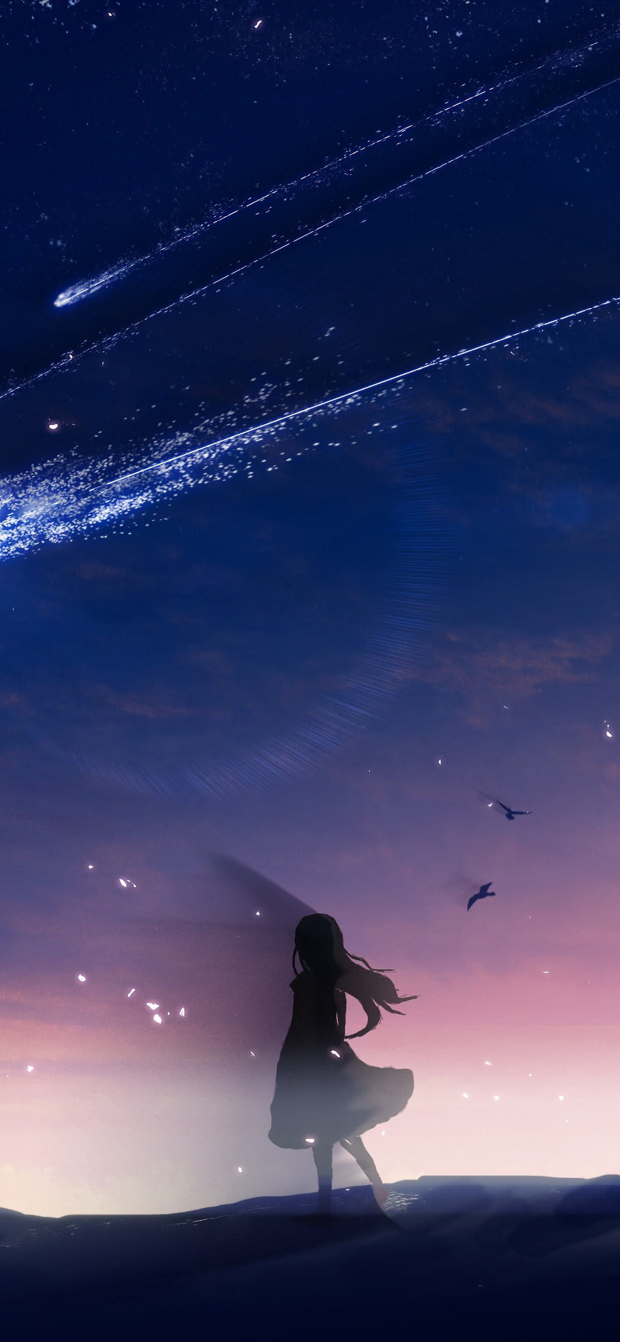 1250x2690 Anime Night Sky Scenery Comet 4K Wallpaper, Phone