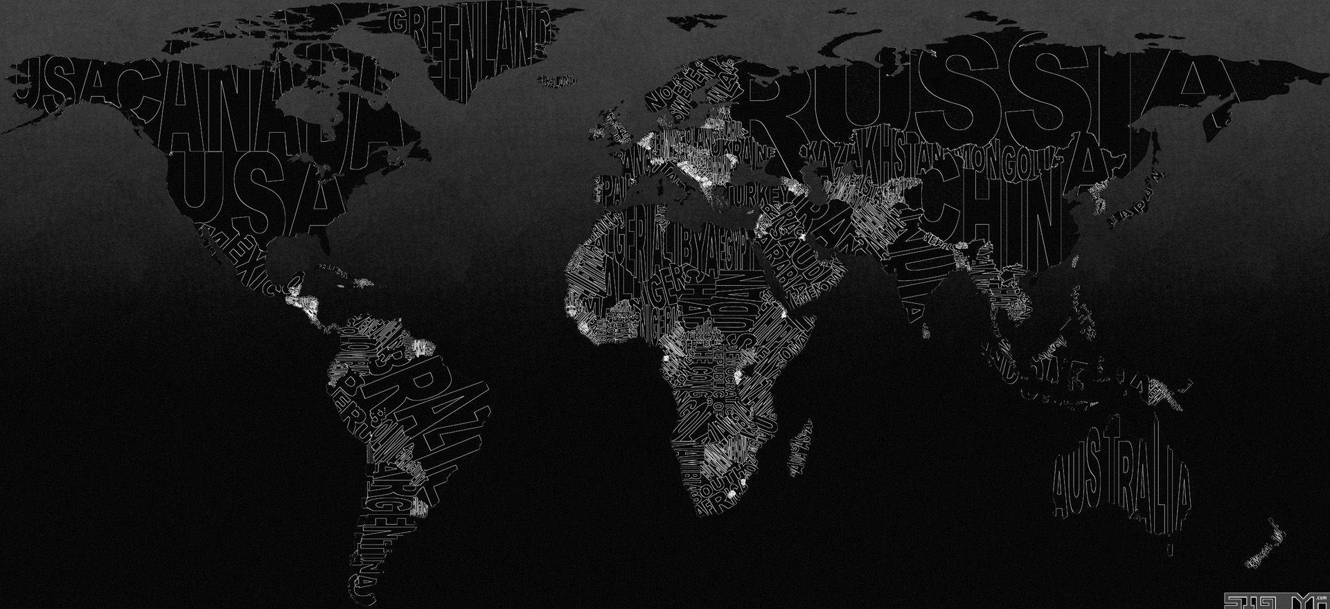 1920x880 Download Dark Country Names World Map Wallpaper, Dual Screen