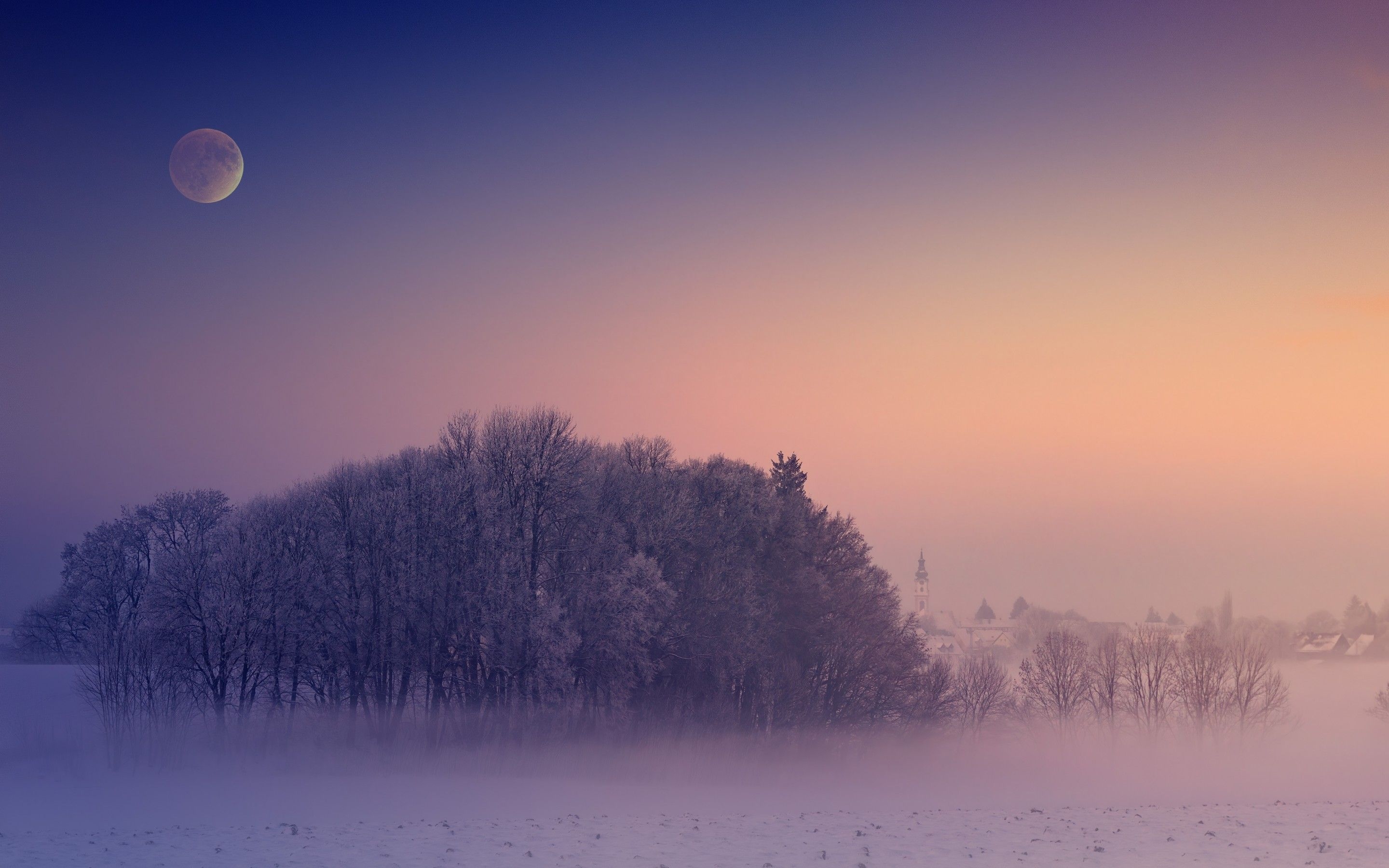 2880x1800 Winter 4K Wallpaper, Morning, Foggy, Moon, Landscape, Cold, 5K, Nature, Desktop