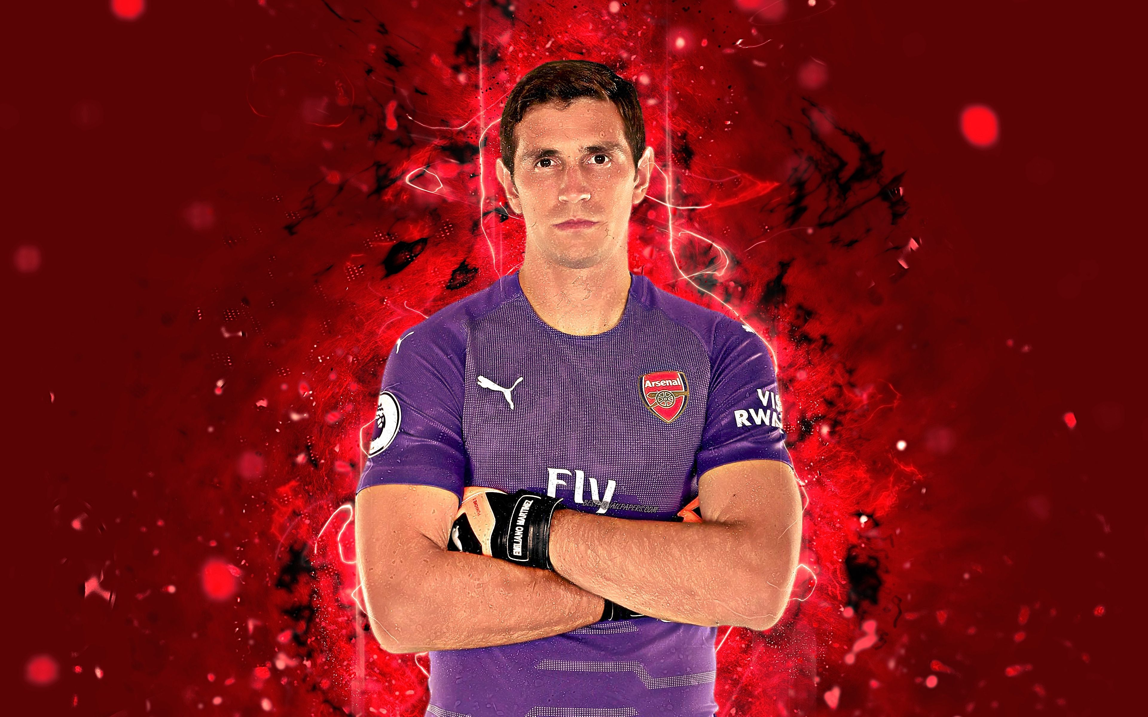 3840x2400 Download wallpaper Emiliano Martinez, 4k, abstract art, football, goalkeeper, Arsenal, soccer, Martinez, Premier League, footballers, The Gunners, neon lights, Arsenal FC for desktop with resolution. High Quality HD picture wallpaper, Desktop