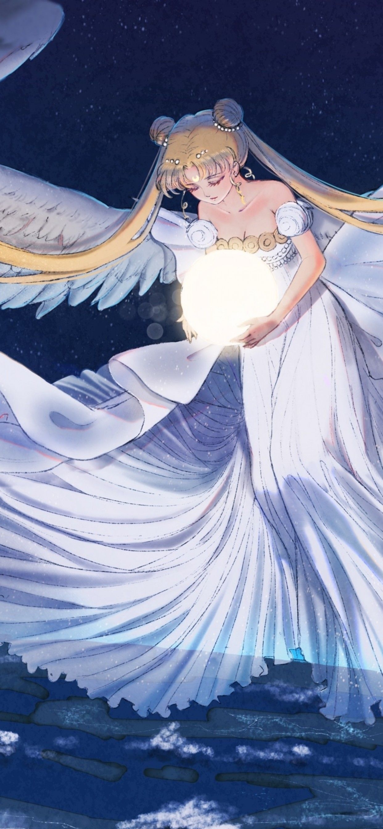 1250x2690 Download  Tsukino Usagi, Sailor Moon, Wings, Blonde, Sky, Stars, Earth, Light, White Dress Wallpaper for iPhone XS Max, Phone