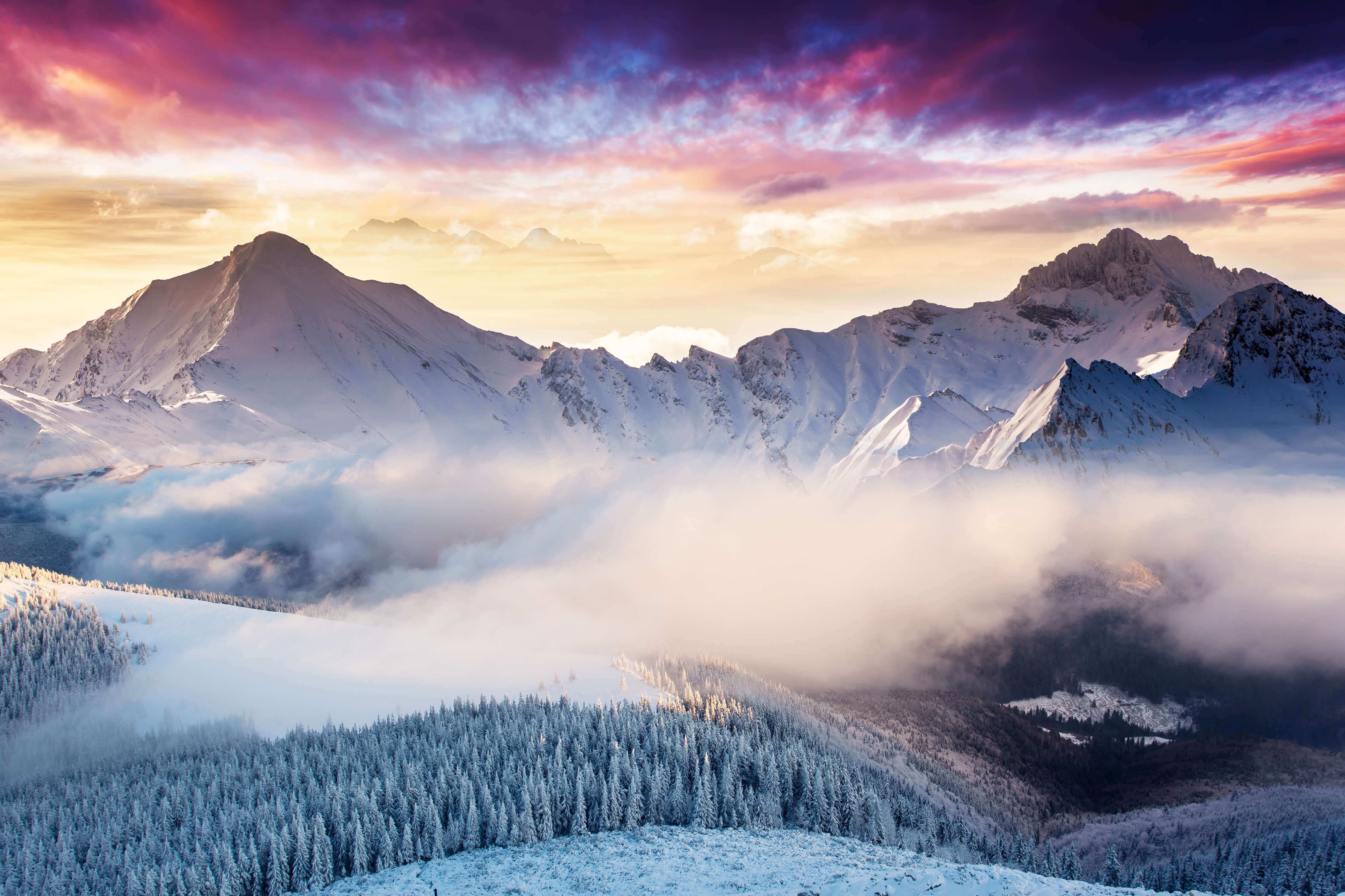 4500x3000 Wallpaper Landscape, Mountains, Winter, Forest, Clouds, Microsoft, Desktop