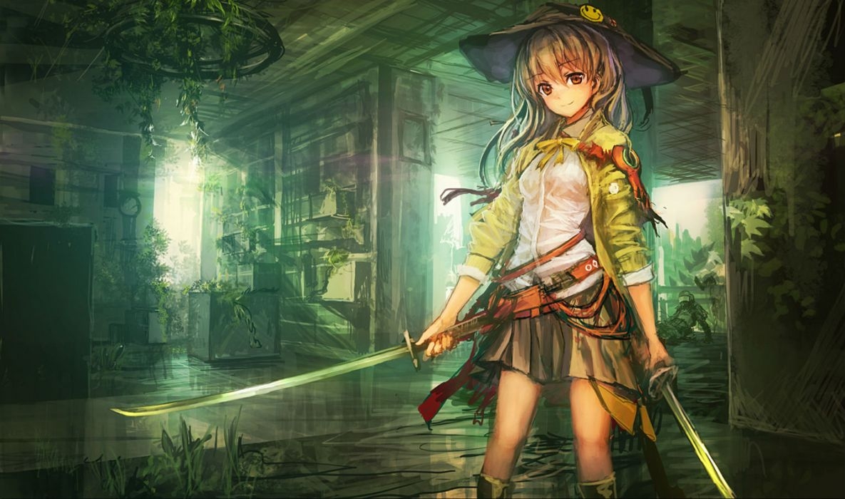 1190x700 Original Anime girl kawai hat cool sword cute weapon wallpaper, Desktop