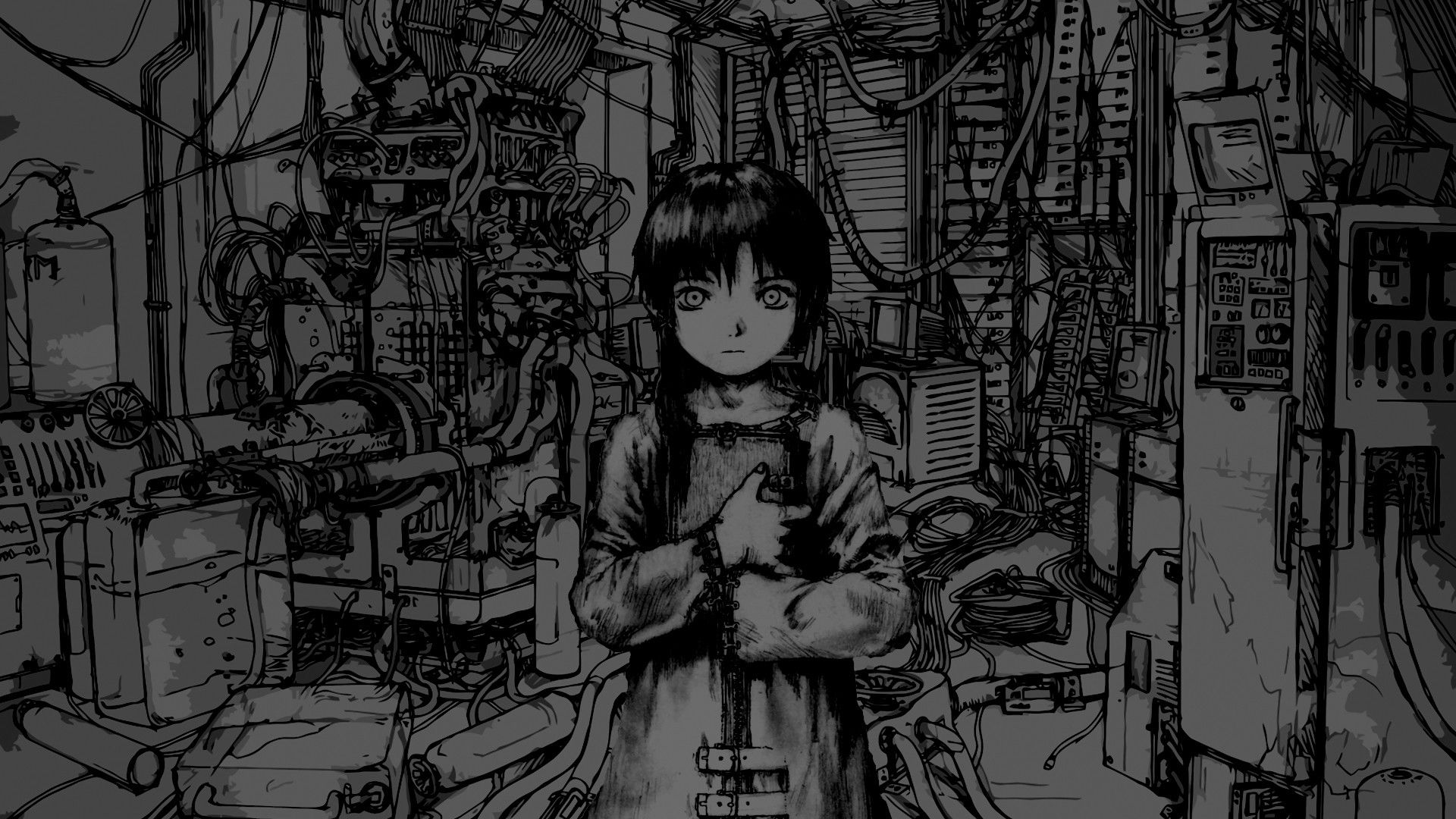 1920x1080 Serial Experiments Lain, Anime Girls, Monochrome, Machine, Desktop