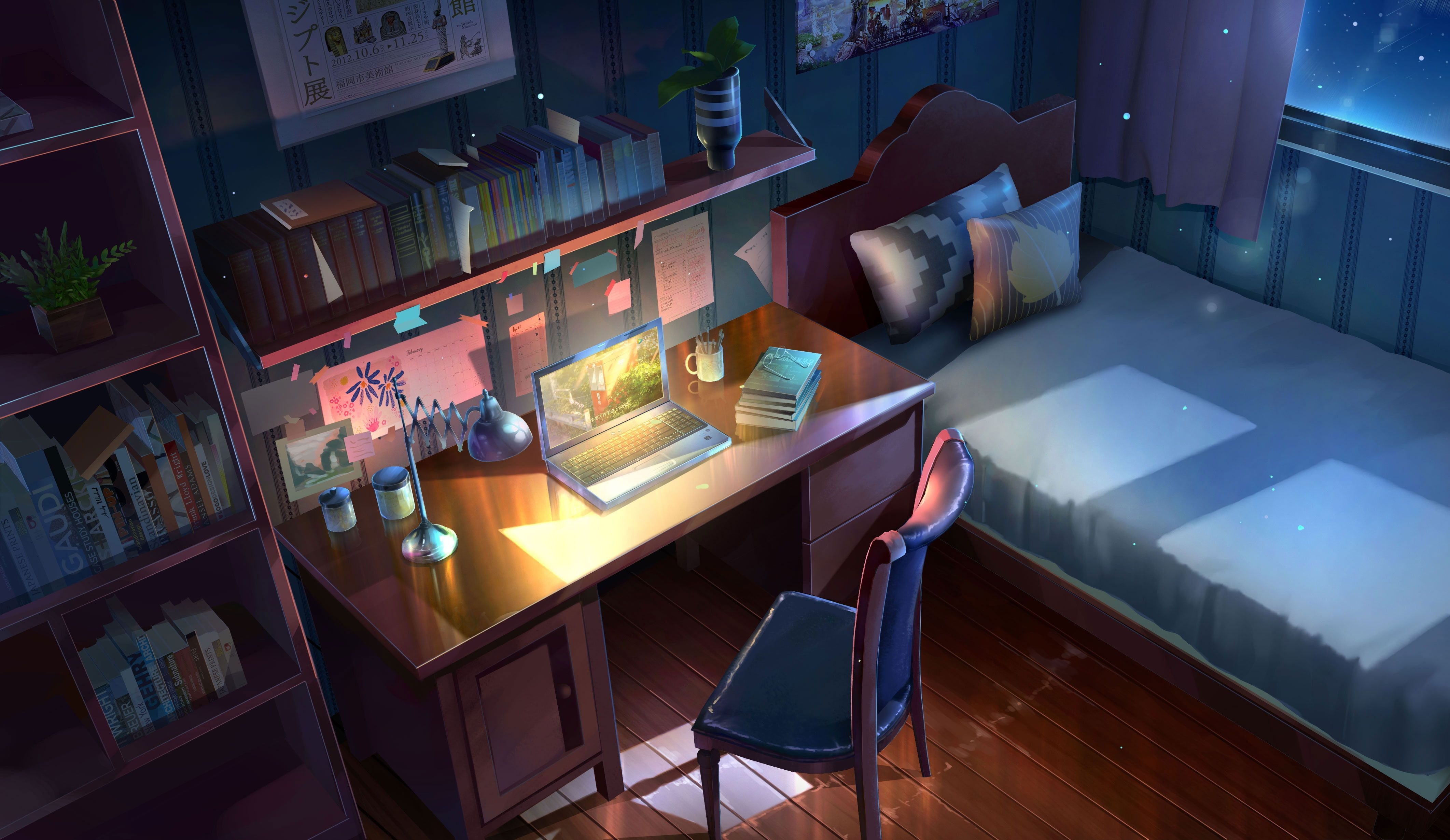 4250x2460 Wallpaper Lofi Anime, Original, Bed, Chair, Computer, Night. Комнаты мечты, Дизайн, Проекты, Desktop