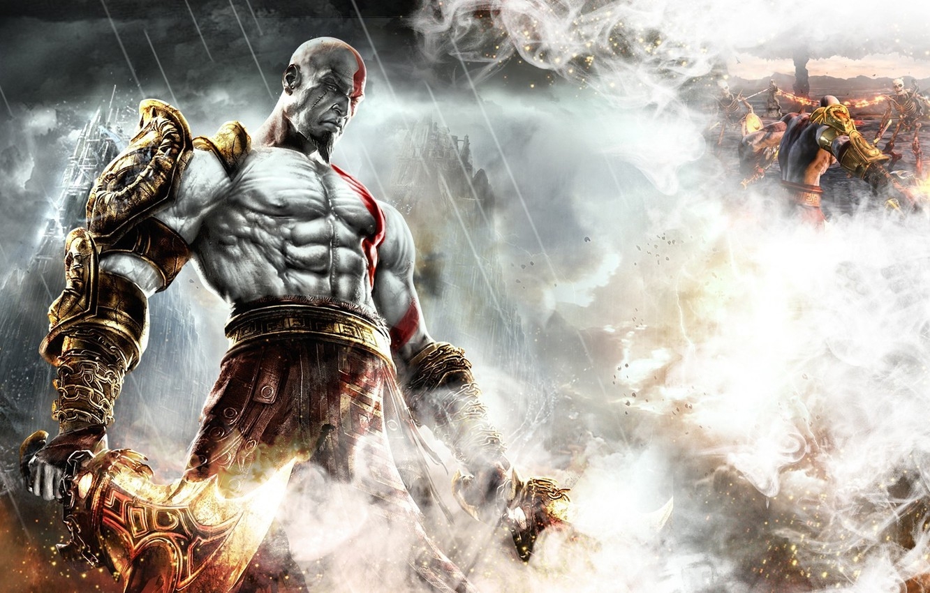 1340x850 Wallpaper fire, flame, sword, armor, god of war, kratos, god of war ps god, strong, olympus, blade of chaos, semi god, blade of exile image for desktop, section игры, Desktop