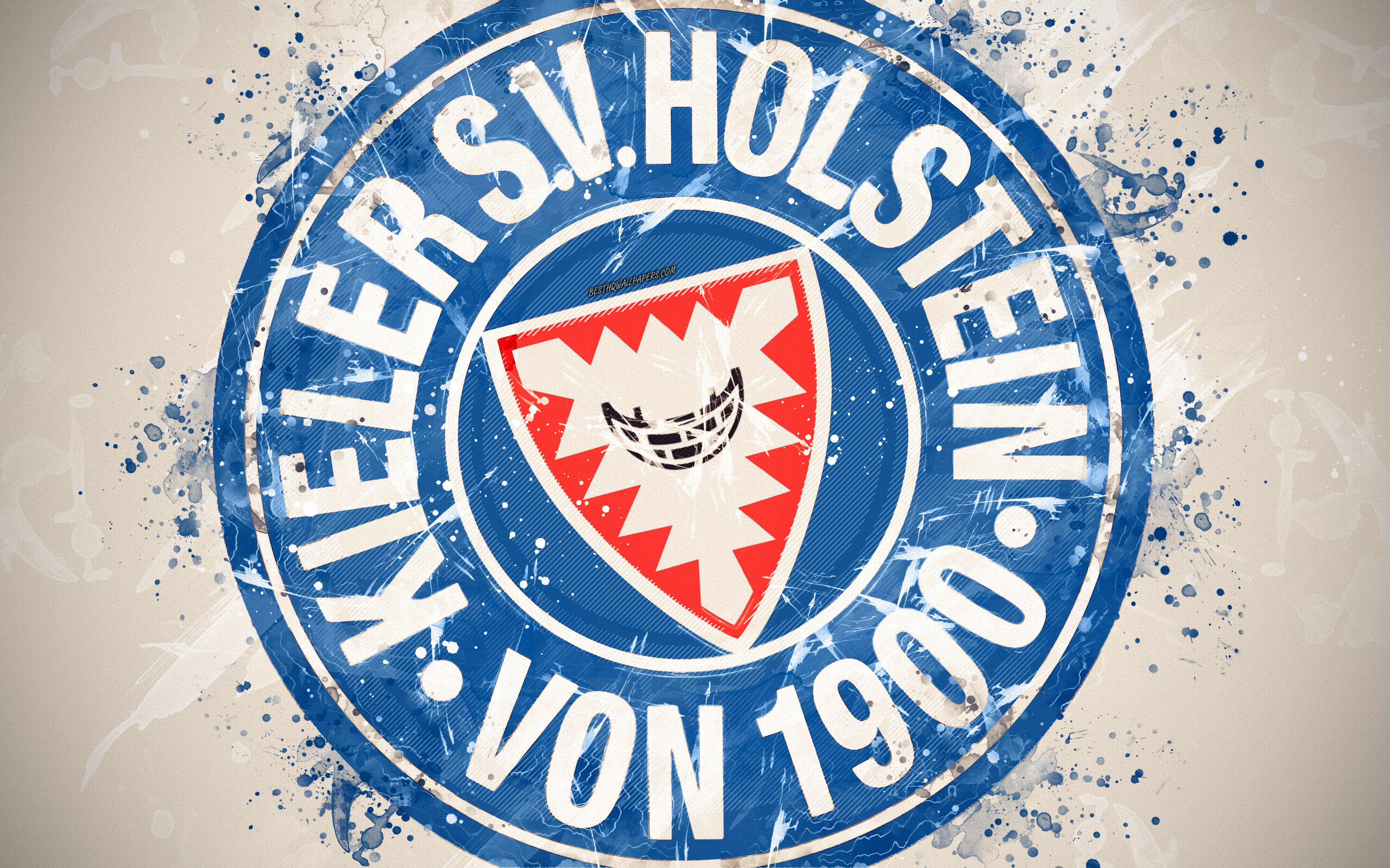 3840x2400 Download wallpaper Holstein Kiel FC, 4k, paint art, logo, creative, German football team, Bundesliga emblem, white background, grunge style, Kiel, Germany, football for desktop with resolution. High Quality HD picture, Desktop