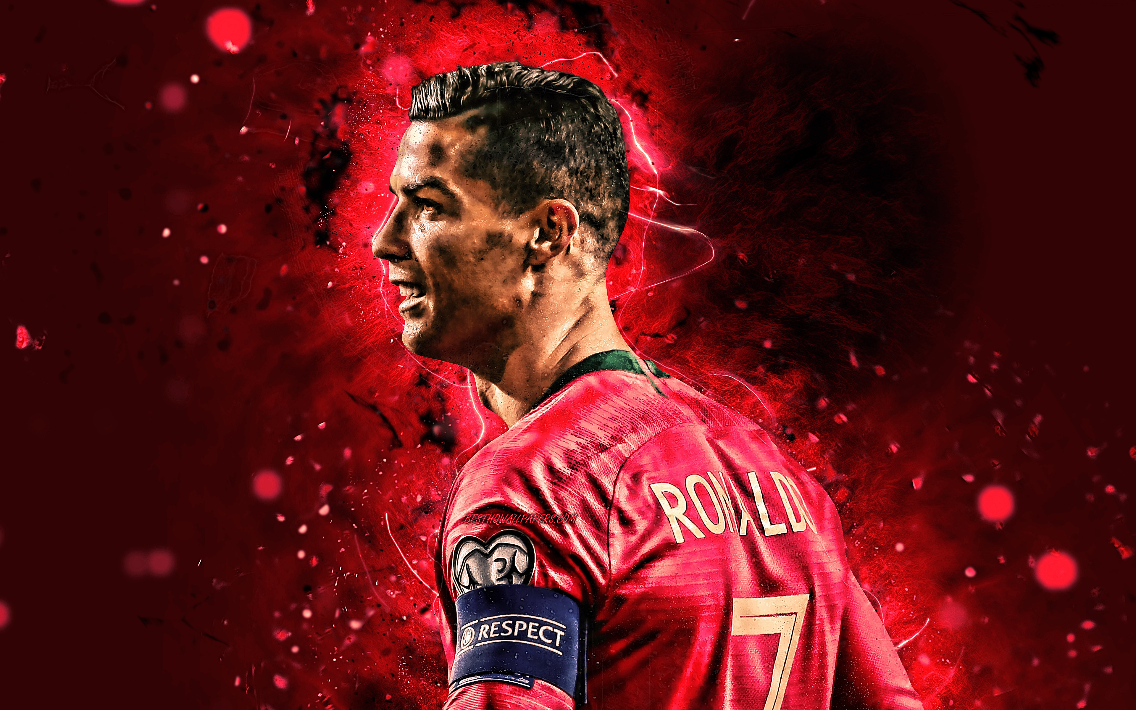 3840x2400 Download wallpaper Cristiano Ronaldo, back view, 4k, Portugal National Team, soccer, CR Cristiano Ronaldo dos Santos Aveiro, neon lights, Portuguese football team, Ronaldo for desktop with resolution. High Quality HD, Desktop