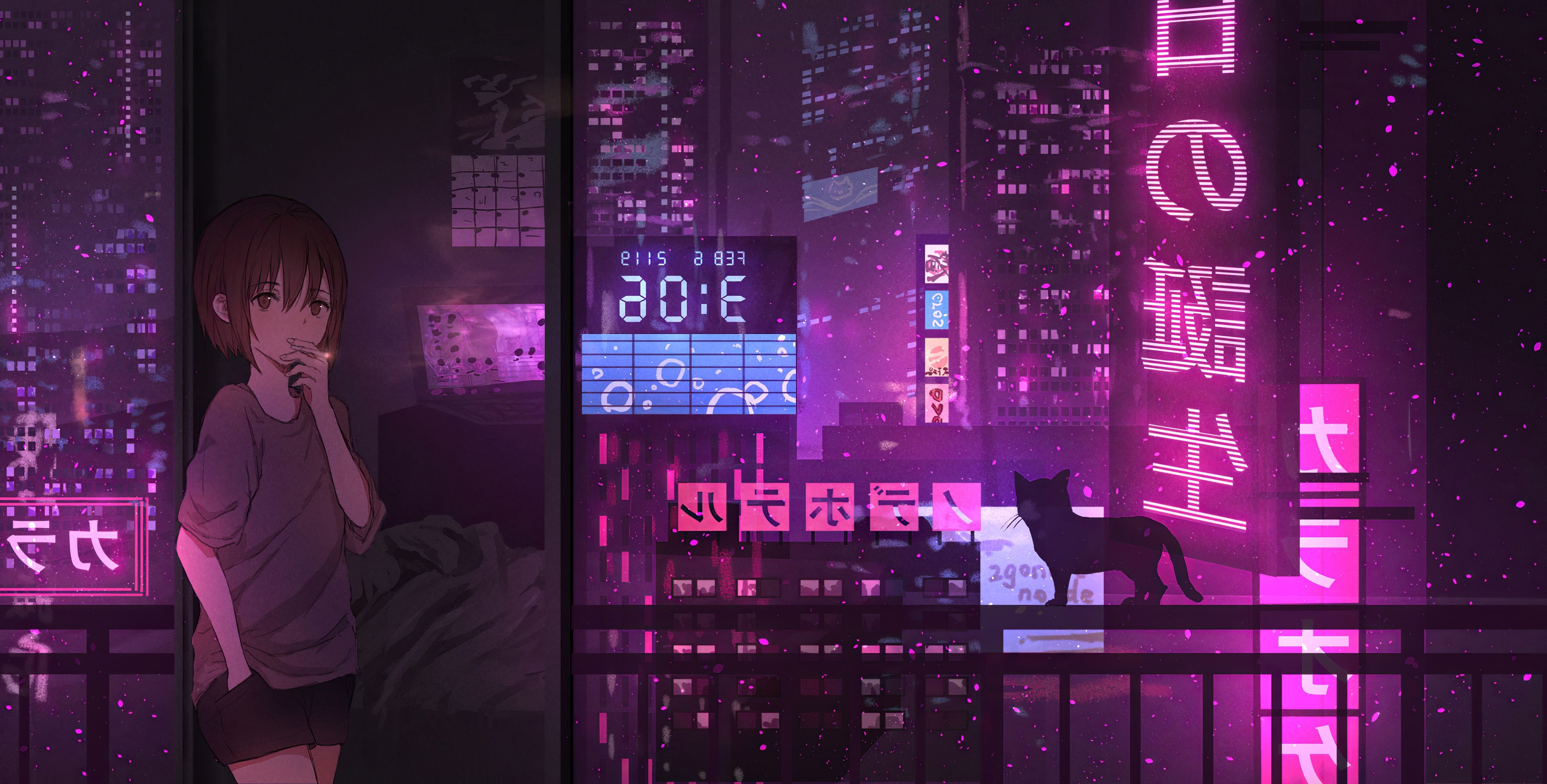 3840x1950 Neon Night Anime Girl Cat, HD Anime, 4k Wallpaper, Image, Background, Photo and Picture, Desktop