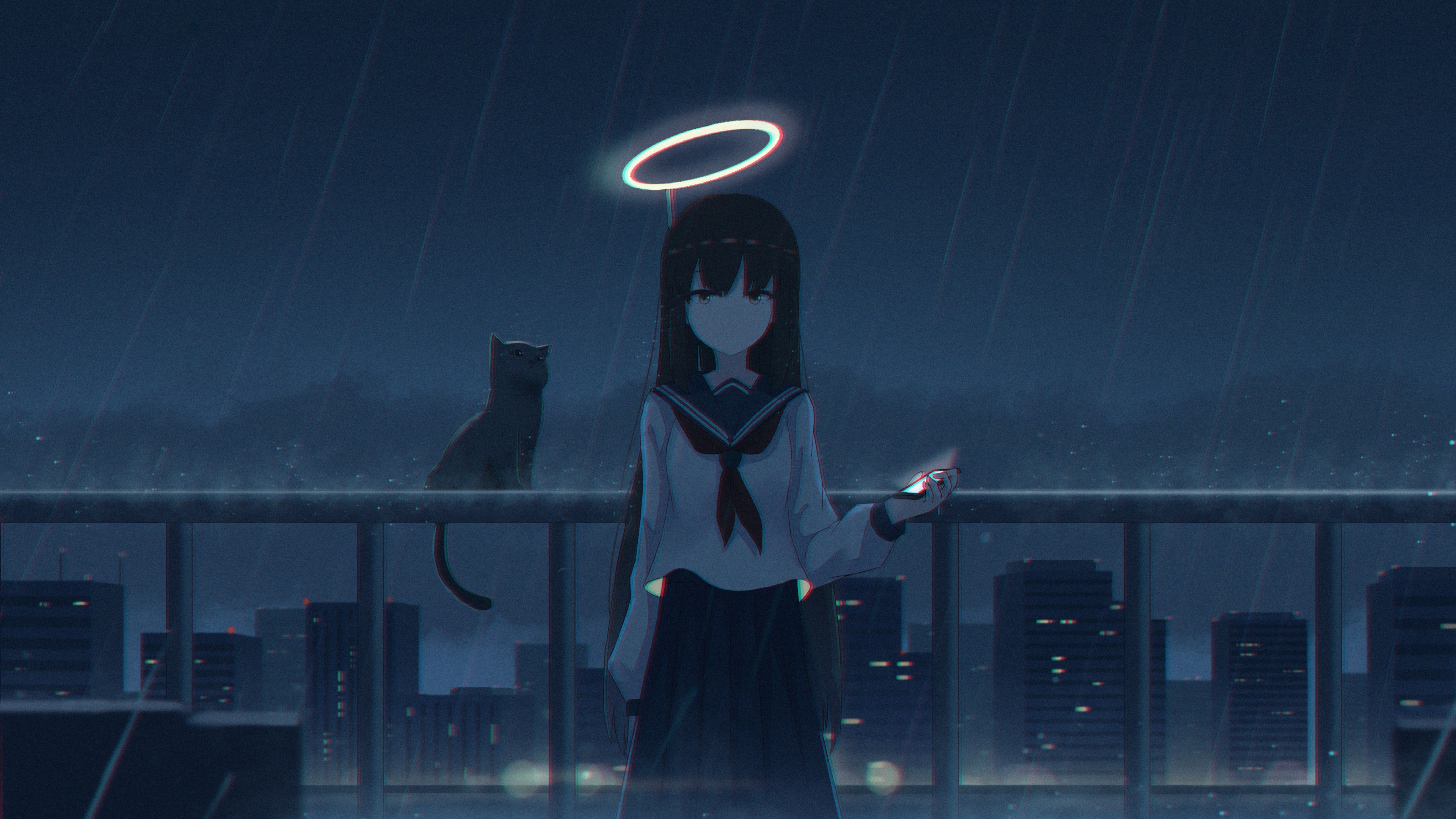 5120x2880 4K Girl in the Rain with Cat 5K Wallpaper, HD Anime 4K, Desktop