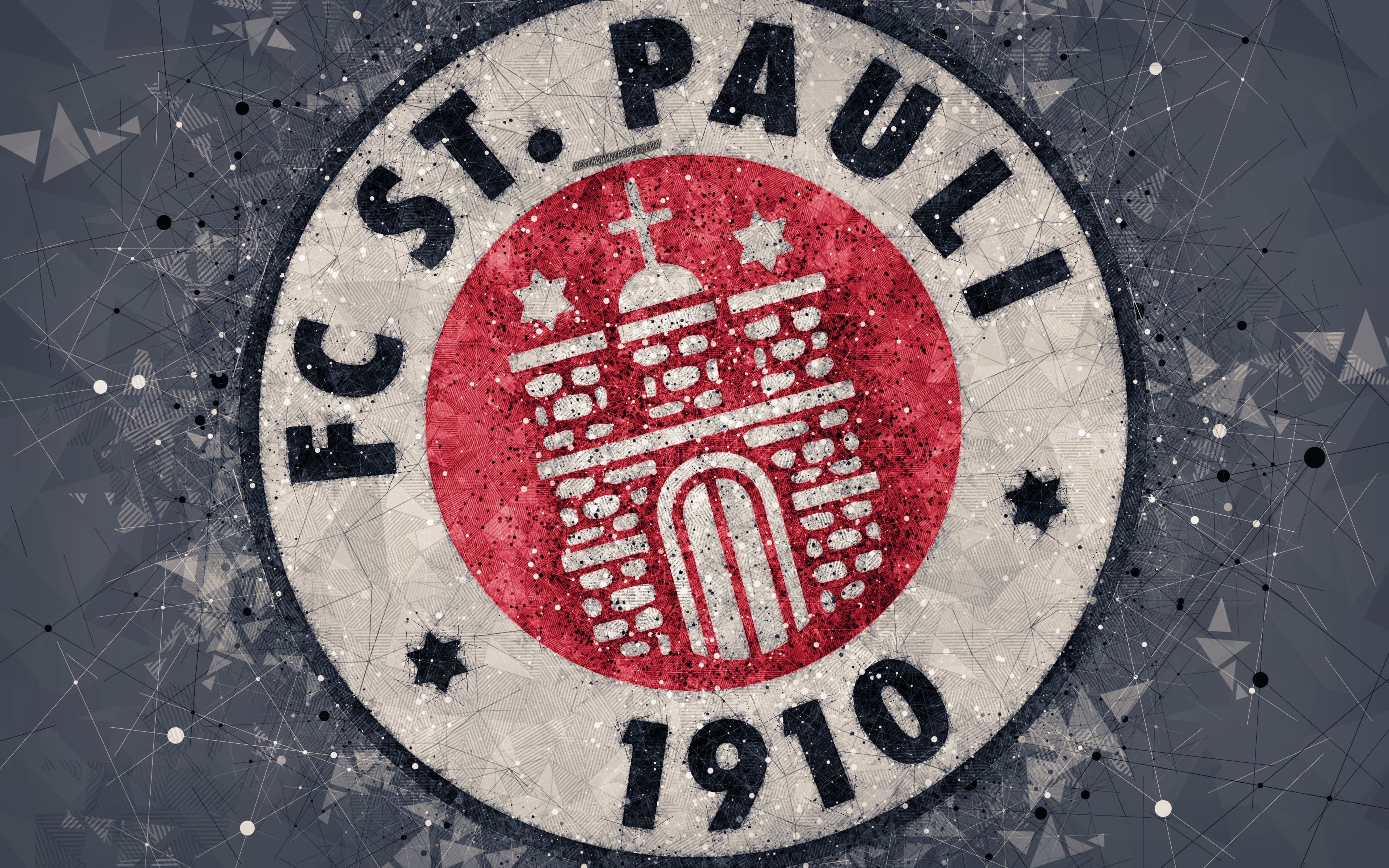 3840x2400 Download wallpaper FC St Pauli, 4k, German football club, creative logo, geometric art, emblem, St Pauli, Germany, football, 2 Bundesliga, gray abstract background, creative art for desktop with resolution. High Quality, Desktop