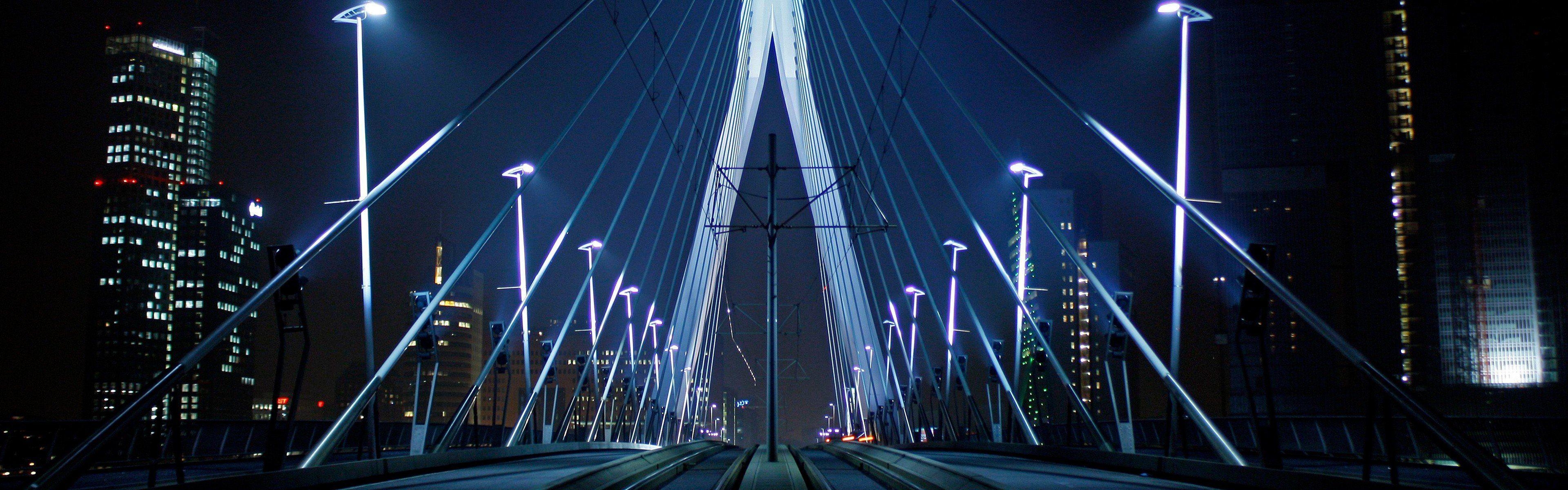 3840x1200 Night lights bridges Holland Rotterdam The Netherlands Erasmusbrug, Dual Screen