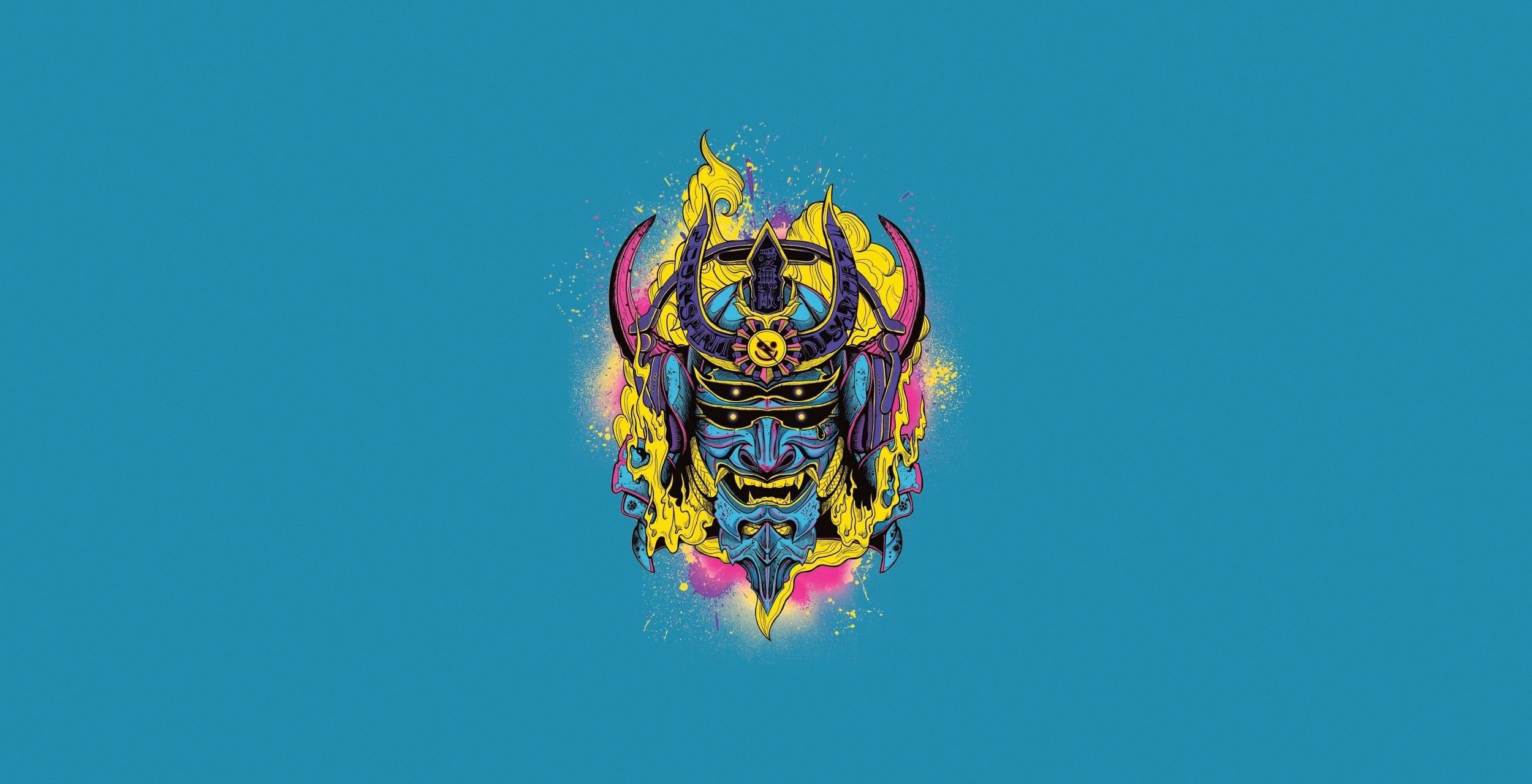 2500x1280 oni mask, artwork, simple background, blue background, Oni, minimalism, samurai HD Wallpaper, Desktop