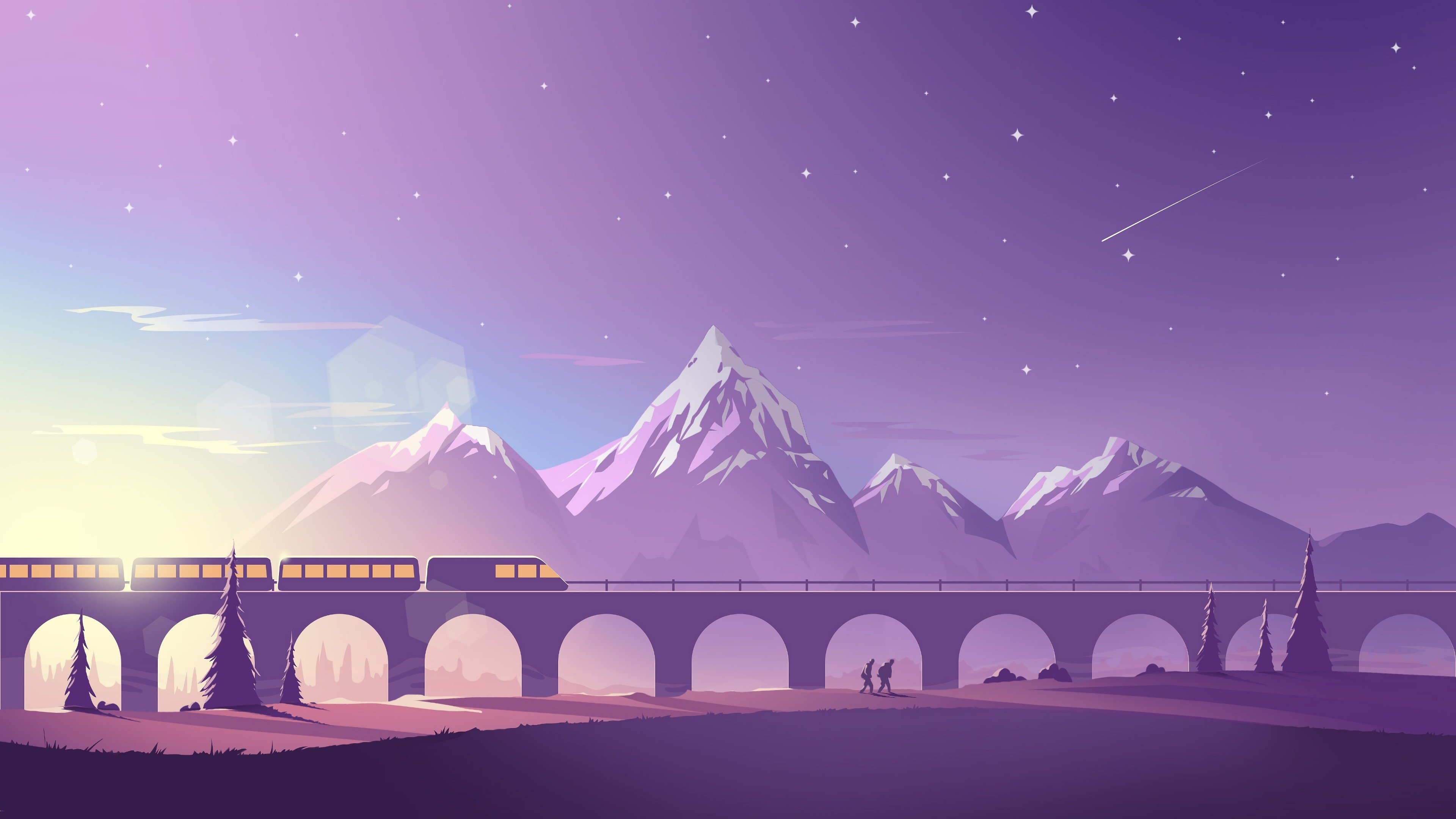 3840x2160 Wallpaper Bridge, train, mountains, vector art picture  UHD 4K Picture, Image, Desktop