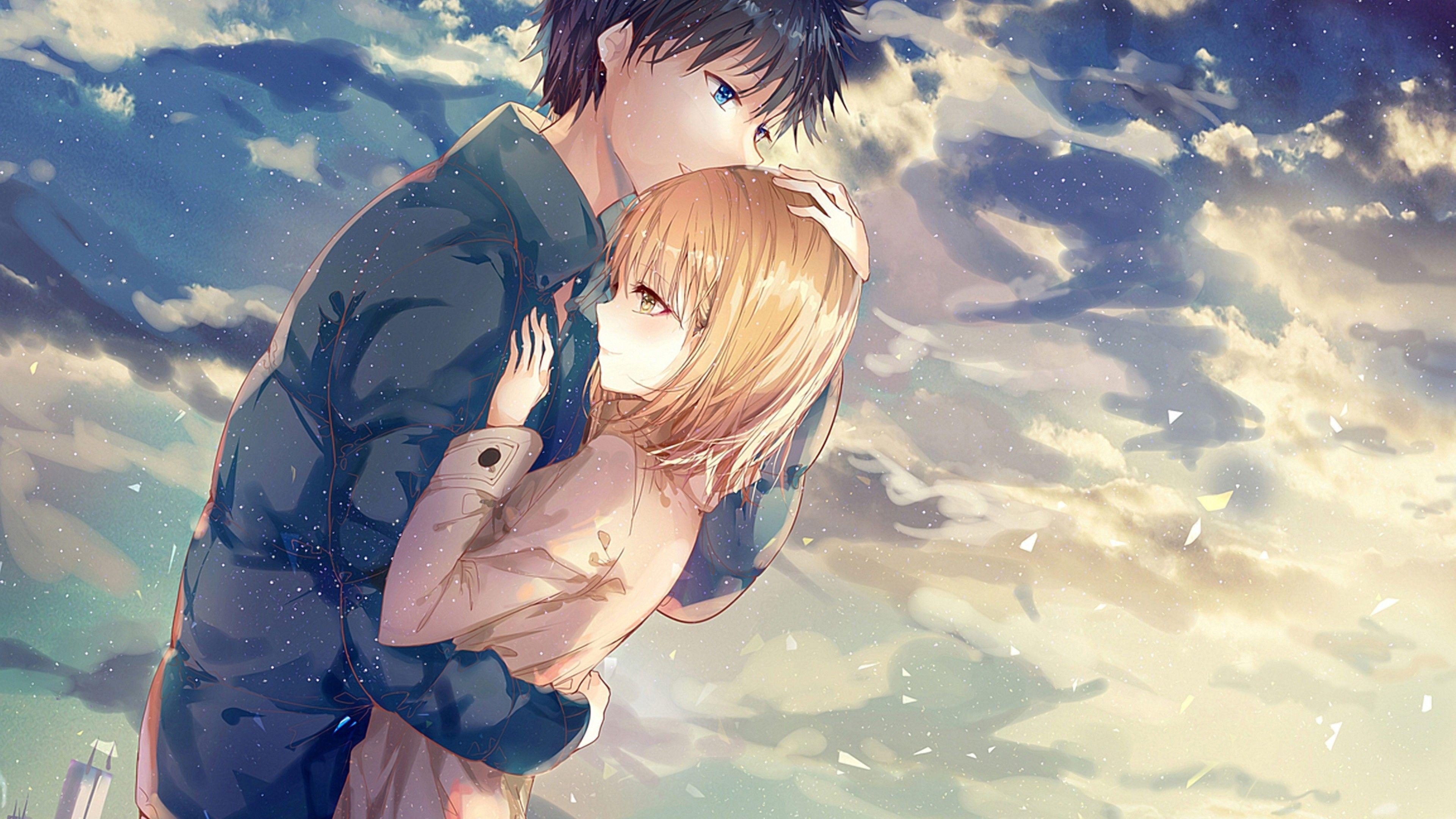 3840x2160 Download  Anime Couple, Hug, Romance, Clouds, Scenic, Desktop