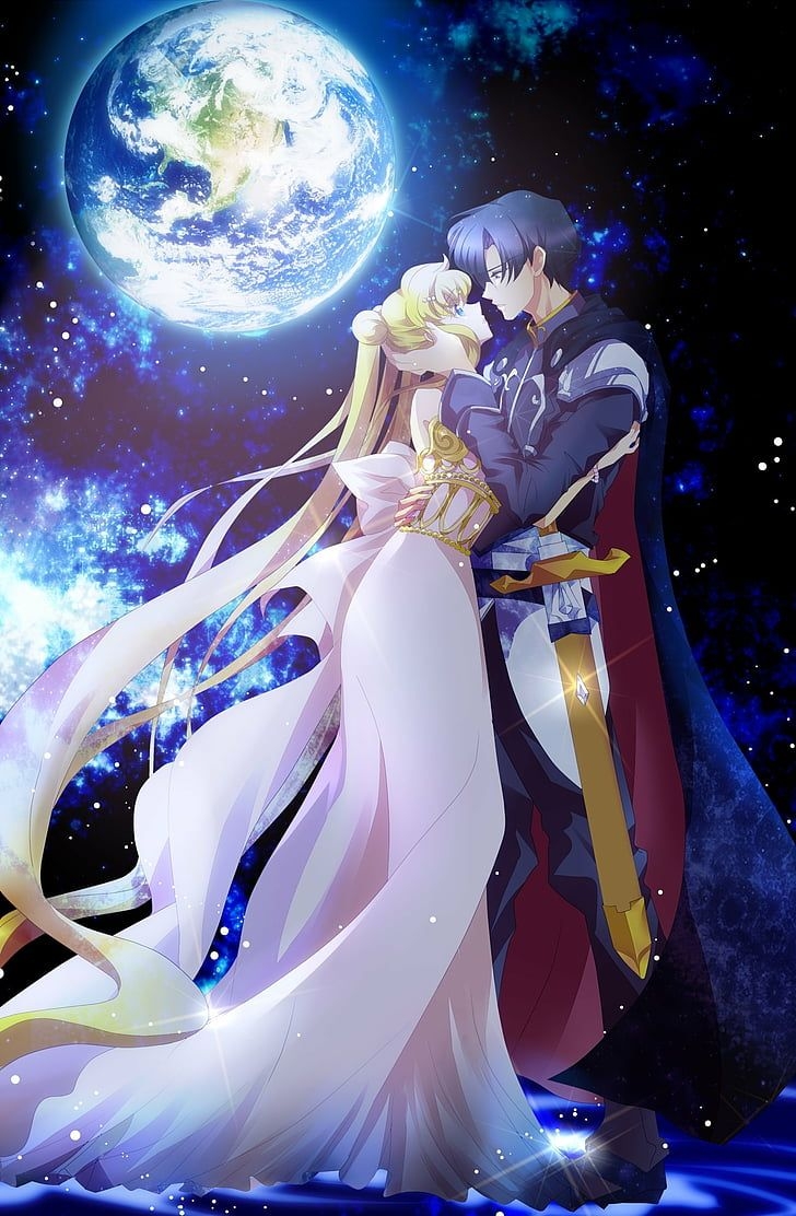 730x1120 HD wallpaper: anime, blonde, couple, girl, kiss, love, male, moon, romance, Phone