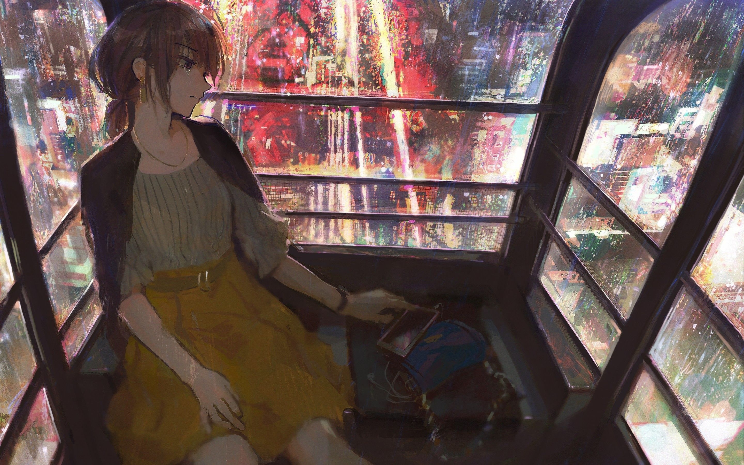 2880x1800 Download  Anime Girl, Ferris Wheel, Moody, Sadness, Loneliness, Night Wallpaper for MacBook Pro 15 inch, Desktop