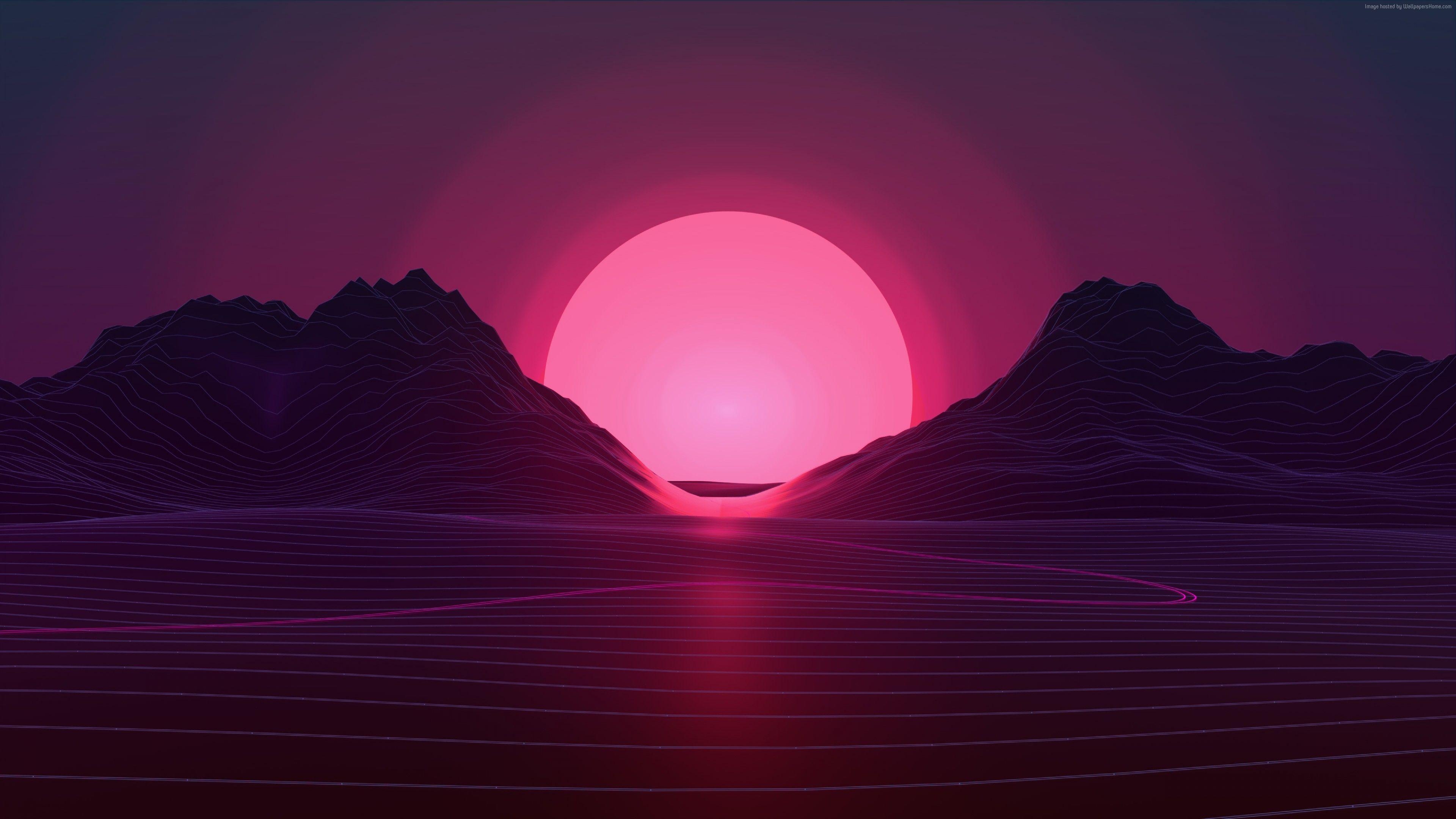 3840x2160 Wallpaper Retrowave, lines, sunset, 4K, Abstract, Desktop